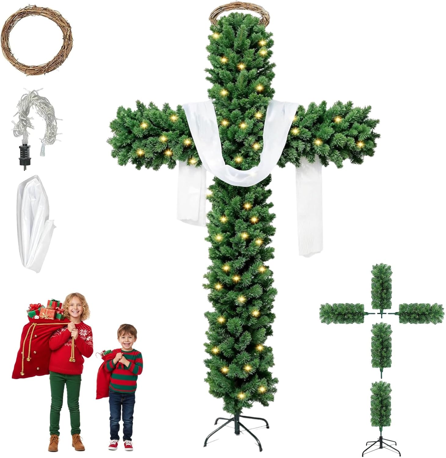 6ft Cross Christmas Tree with Lights, Artificial Pre-Lit Pine Cross Shaped Tree with White Silk Scarf & Crown of Thorns, Foldable Holiday Decor for Home Church Easter Display