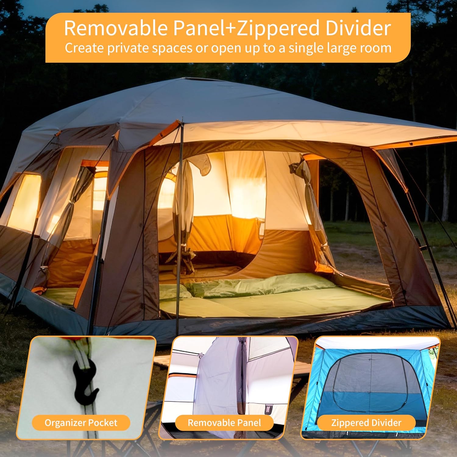 Large Family Camping Tent - 5-12 Person Multi-Room Waterproof Pop-Up Tent with Screened Porch - Glamping Tent for Outdoor Camping & Family Vacation