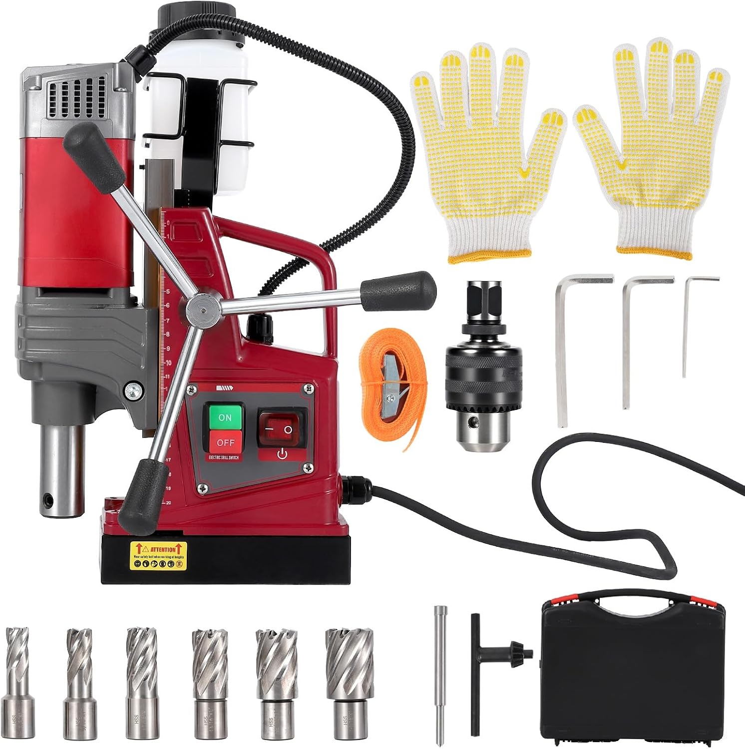 Magnetic Drill Press 1450 w Motor 1.57 in Boring Diameter 2922 Lbf/13000n Power Magnetic Drill 0-820 RPM Adjustable Speed Mag Drill Press for Metal Surface Industrial and Home Improvement
