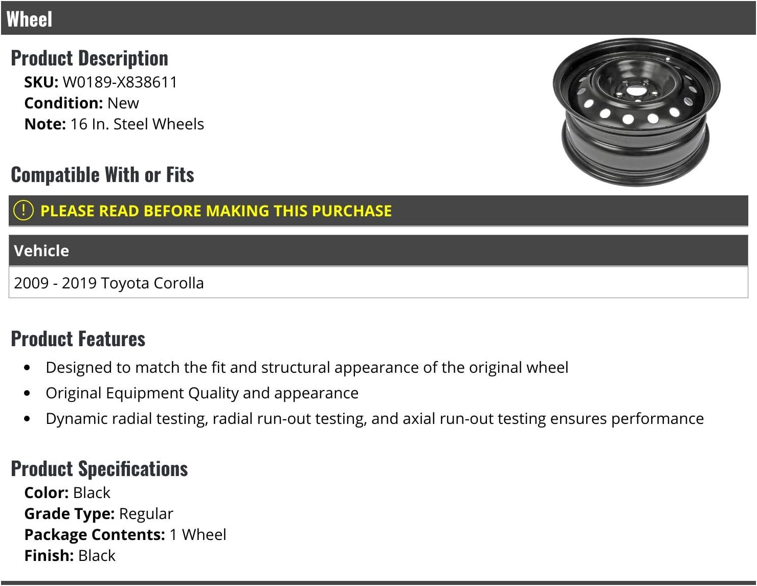 Steel Wheel - 16 Inch - Compatible with 2009-2019 Toyota Corolla