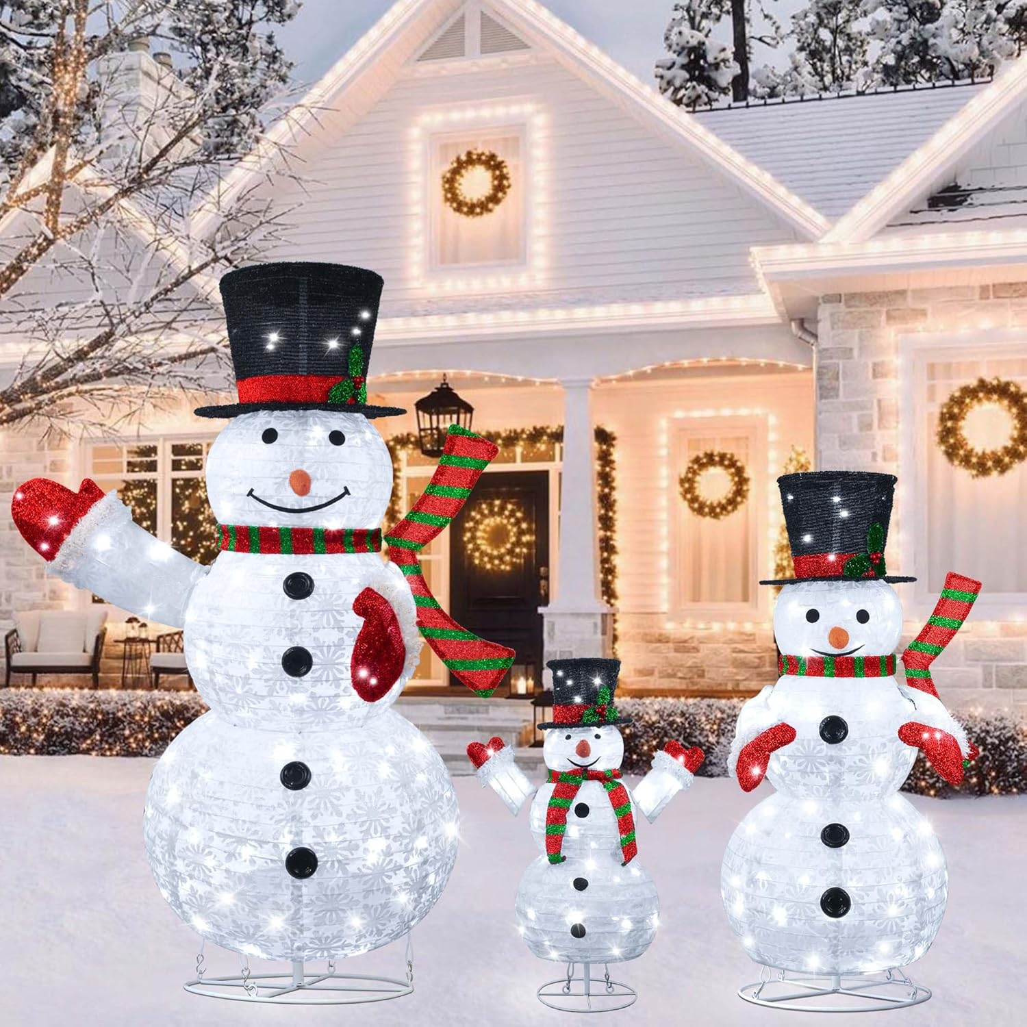 Lighted Snowman Family Outdoor Christmas Decoration, Set of 3 Collapsible Snowman Yard Lights, 270 LED White Pre-lit Snowman Lights for Indoor Outdoor Garden, Lawn, Patio Xmas Decor