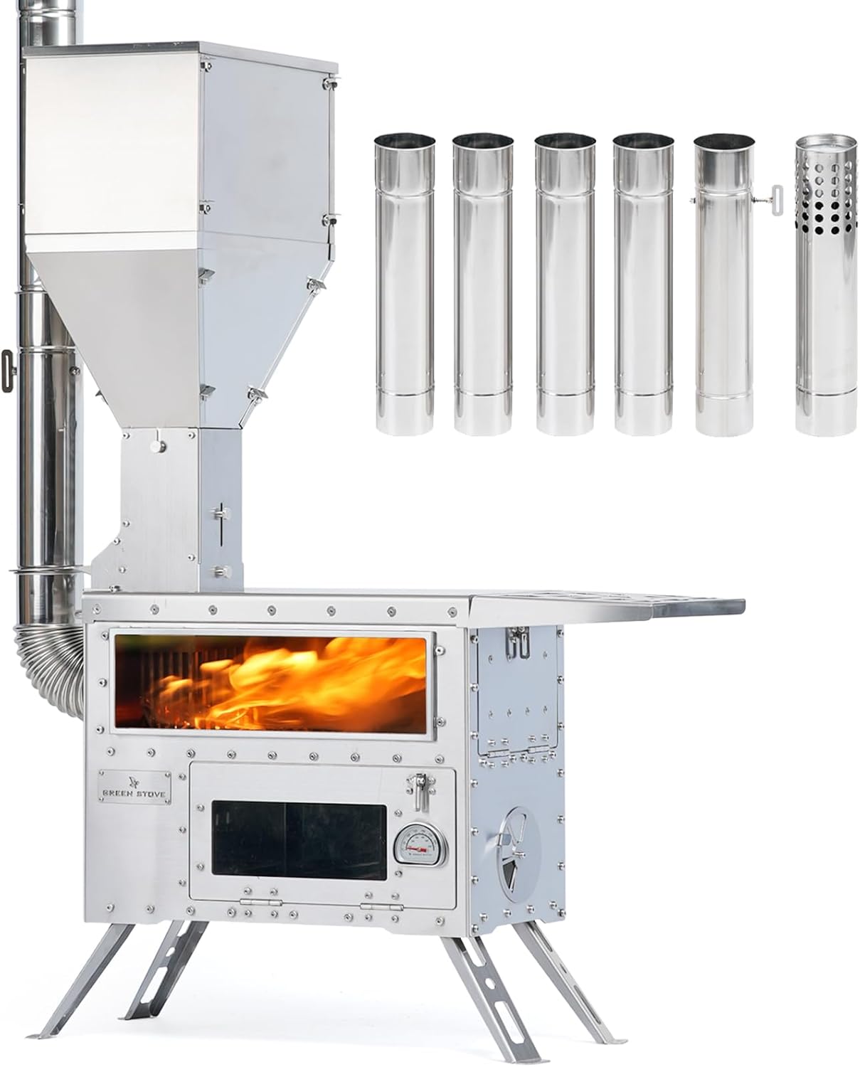 Pellet Stove with Oven, Portable Wood Burning Stove for Outdoor, Cooking, Hiking,Hot Tent Stove with Stainless Steel Construction. Chimney Pipes Included(Model: Greenstovehori 5)