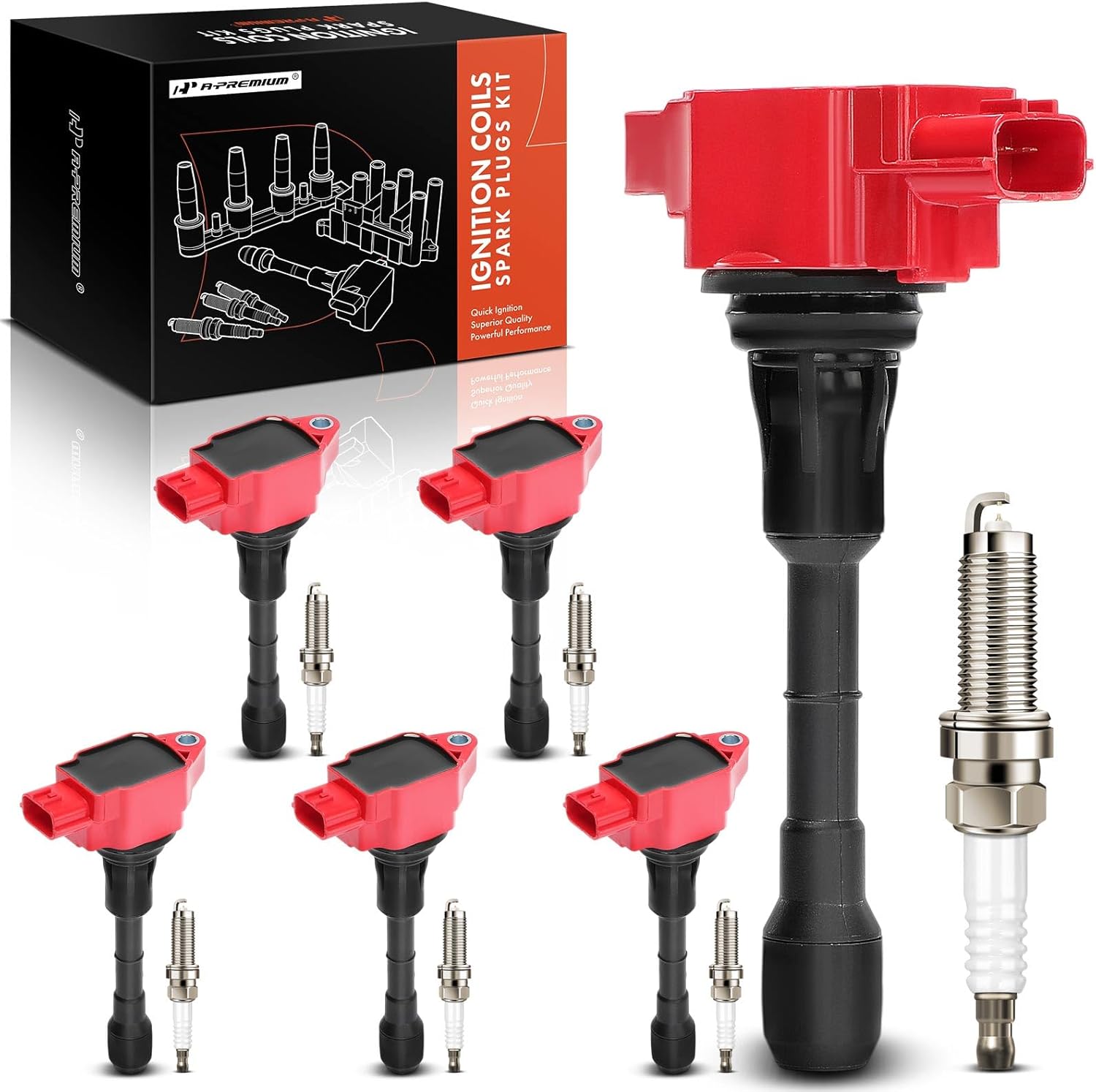A-Premium (Red) Set of 12 Ignition Coil Pack and Iridium Spark Plugs Compatible with Nissan 370Z 2009-2020 & Infiniti EX37 2013, FX37 2013, G37, M37, Q40, Q50, Q60, Q70, Q70L, QX50, QX70, 3.7L