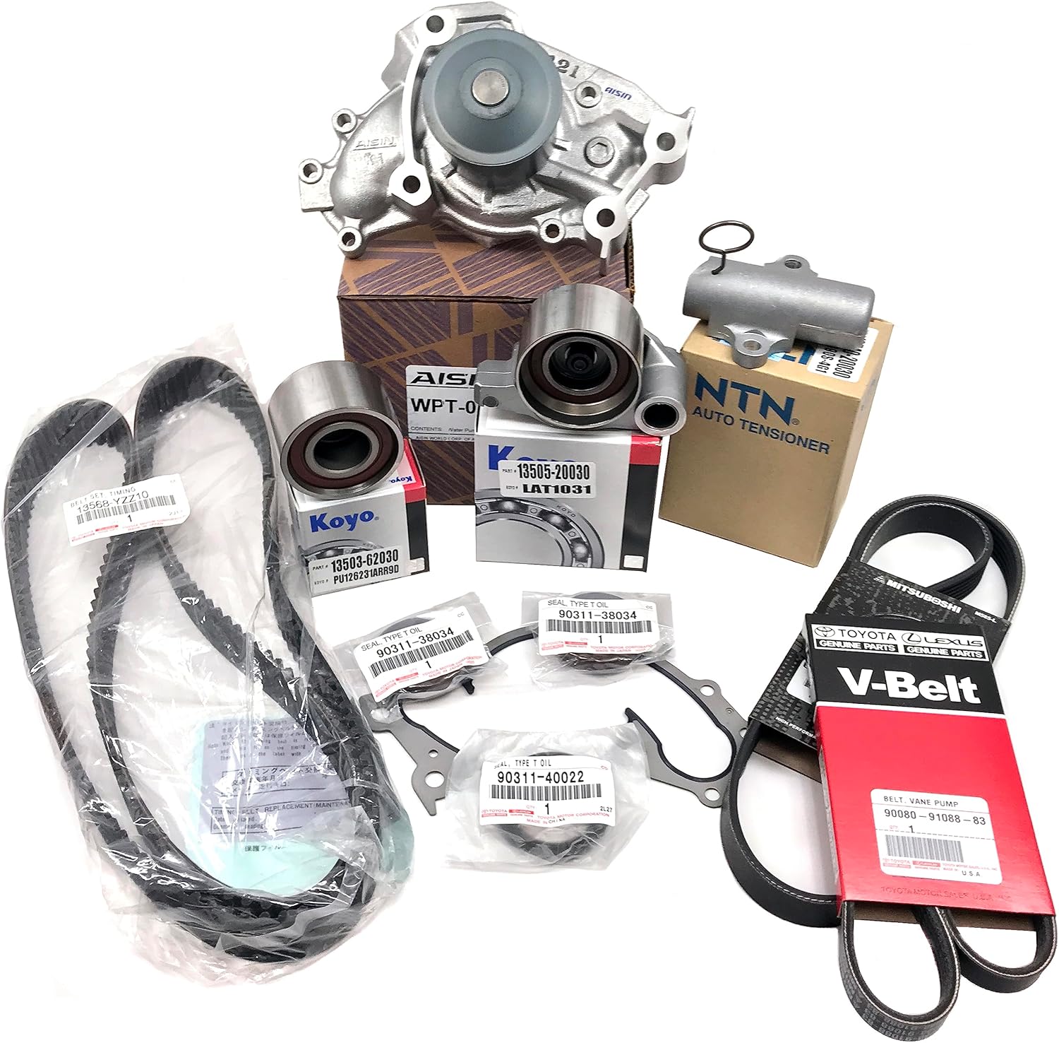 GENUINE AND OEM TIMING BELT KIT with Water Pump, Idler Pulley, Tensioner, Seals, Serpentine | Compatible with Camry Highlander Sienna RX330 ES330 Avalon Solara