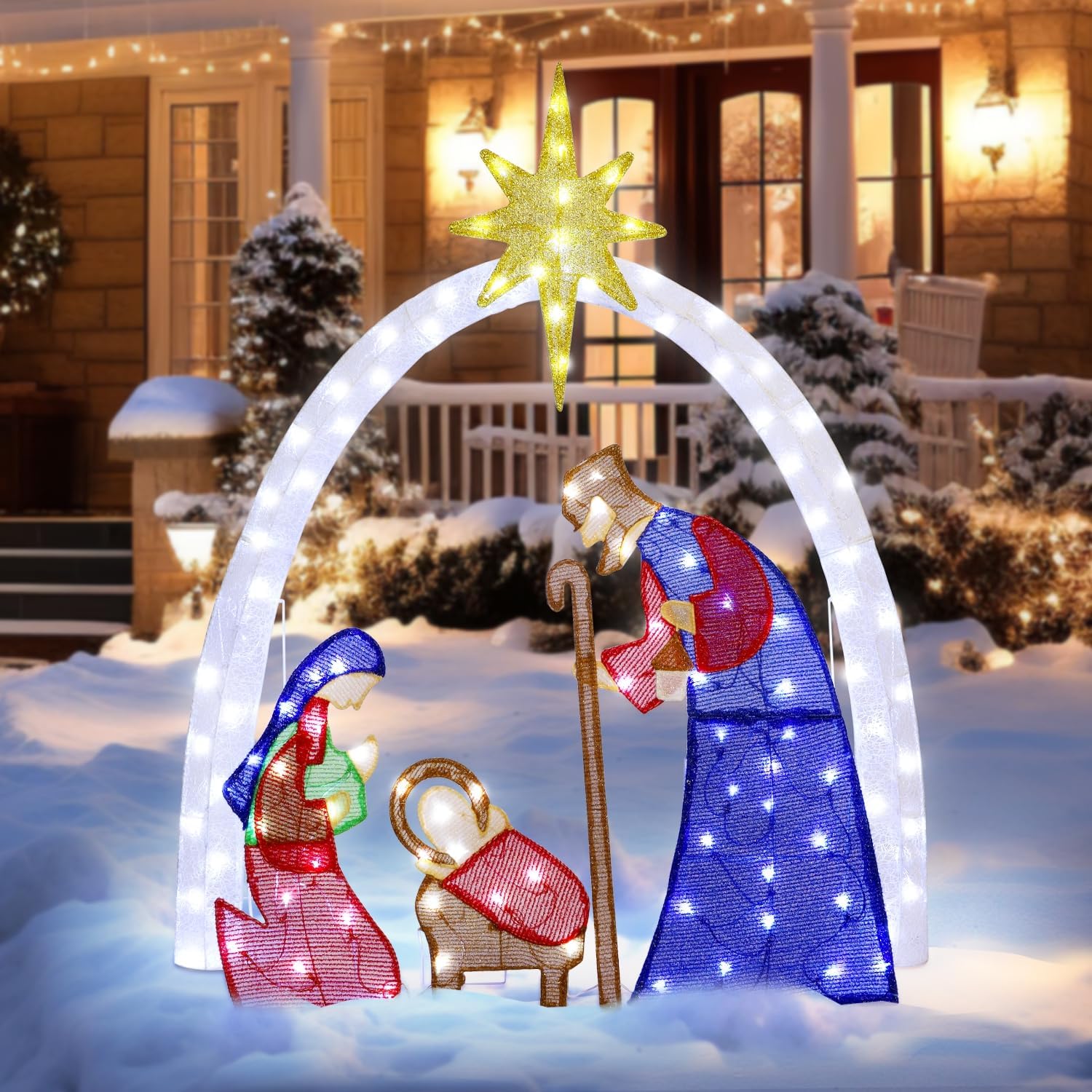 ATDAWN 4.5FT Christmas Outdoor Decorations, Lighted Outdoor Nativity Set with 115 LED Lights, Holy Family Nativity Scene for Christmas Holiday Lawn Garden Yard Decoration