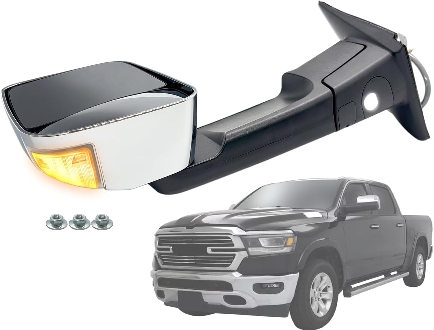 APA Replacement for Towing Mirror 2012-2022 RAM R1500 R2500 R3500 Pickup Power Folding with Memory Turn Signal Puddle Light Chrome Cover Driver Left Side 68416903AC CH1320398