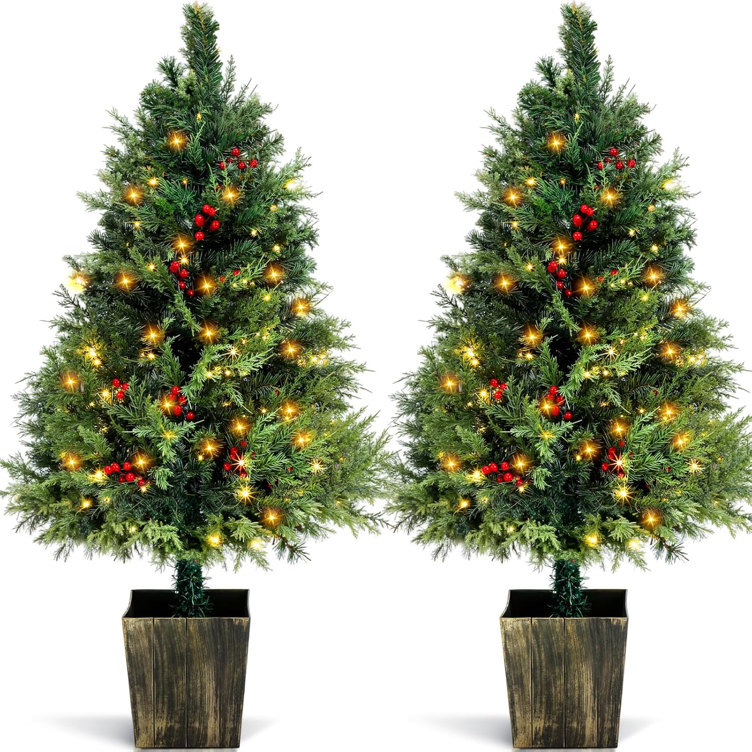2 PCS 4 ft Pre-lit Light Christmas Tree - Artificial 8 Mode Remote Control Lighted Entrances Potted Pine Tree with Gold Antique Urn & Red Berries for Winter Holiday Decoration Indoor Outdoor