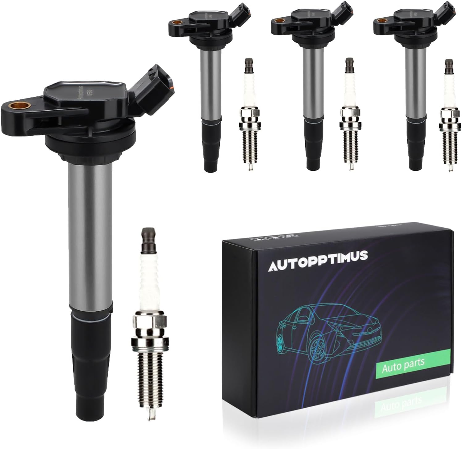 UF619 Ignition Coils Pack and Spark Plugs Set of 4 Compatible with Toyota, Scion, Corolla, Matrix Prius V Plug-In Vibe xD CT200h Replaces 90919-02252 UF619