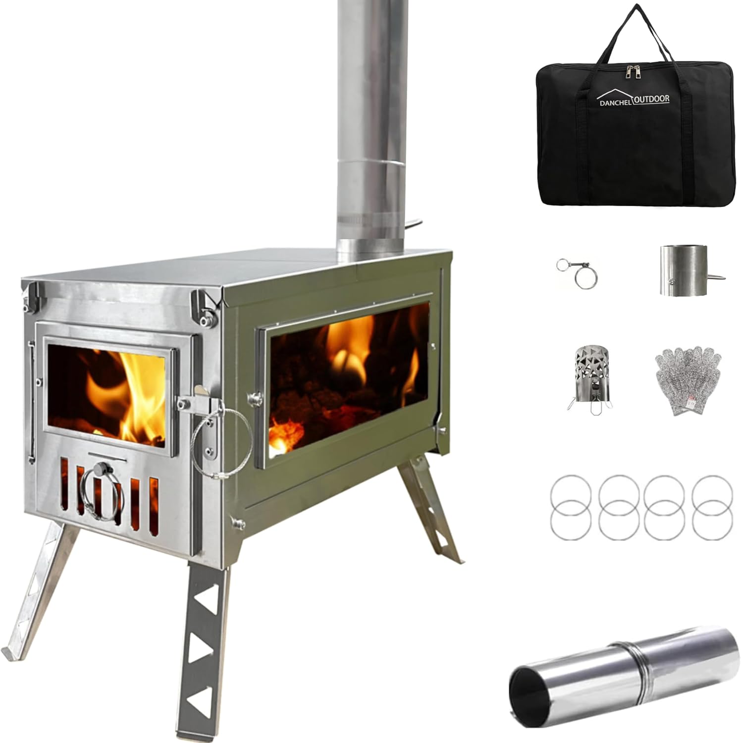 DANCHEL OUTDOOR HS6 Collapsible Hot Tent Stove 304 Stainless Steel, Secondary Combustion & Viewing Window Camping Wood Stove with 8.2ft Chimney for Winter Survival Cooking