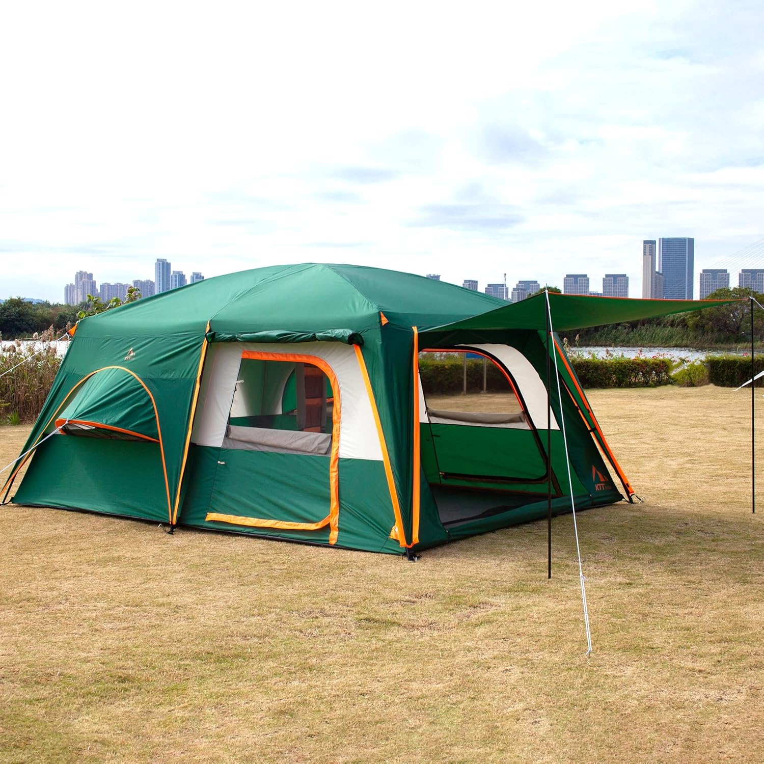 KTT Large Family Cabin Tent 10-12 Person,14.1X10X6.58ft,2 Rooms,3 Storage Pockets,2 Bay-Windows 3 Doors and 3 Windows with Mesh,Straight Wall,Waterproof,Double Layer,Big Tent for Outdoor,Camping