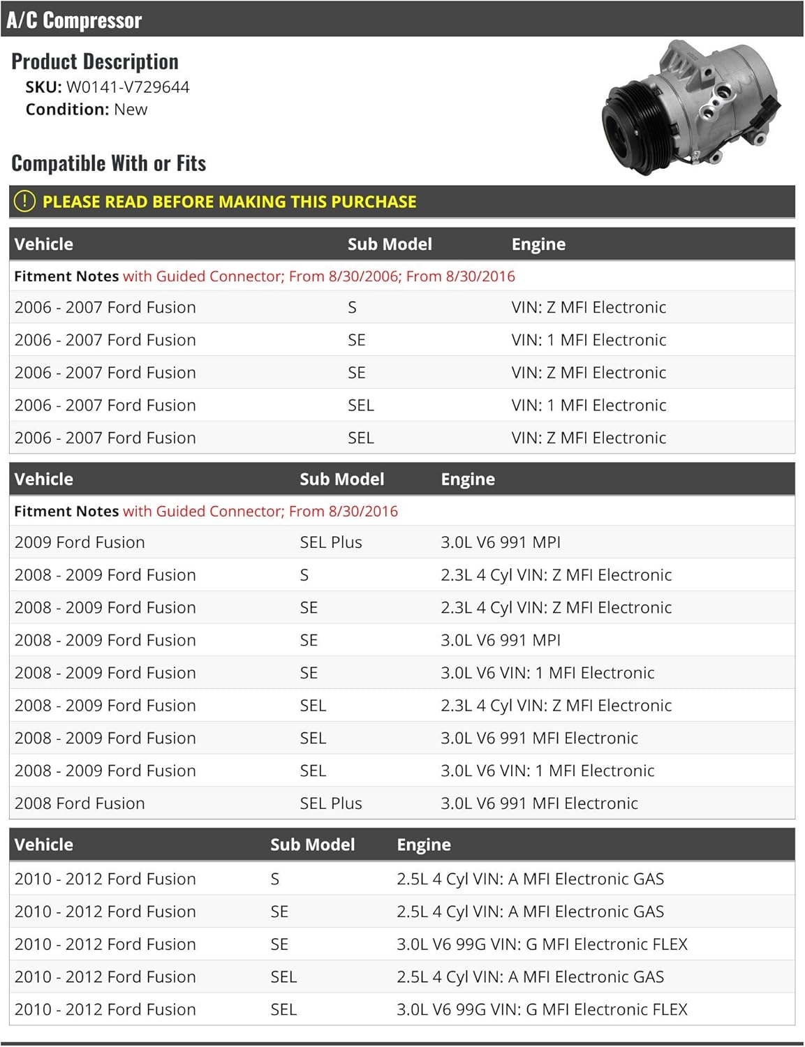 A/C Compressor - Compatible with 2006-2012 Ford Fusion
