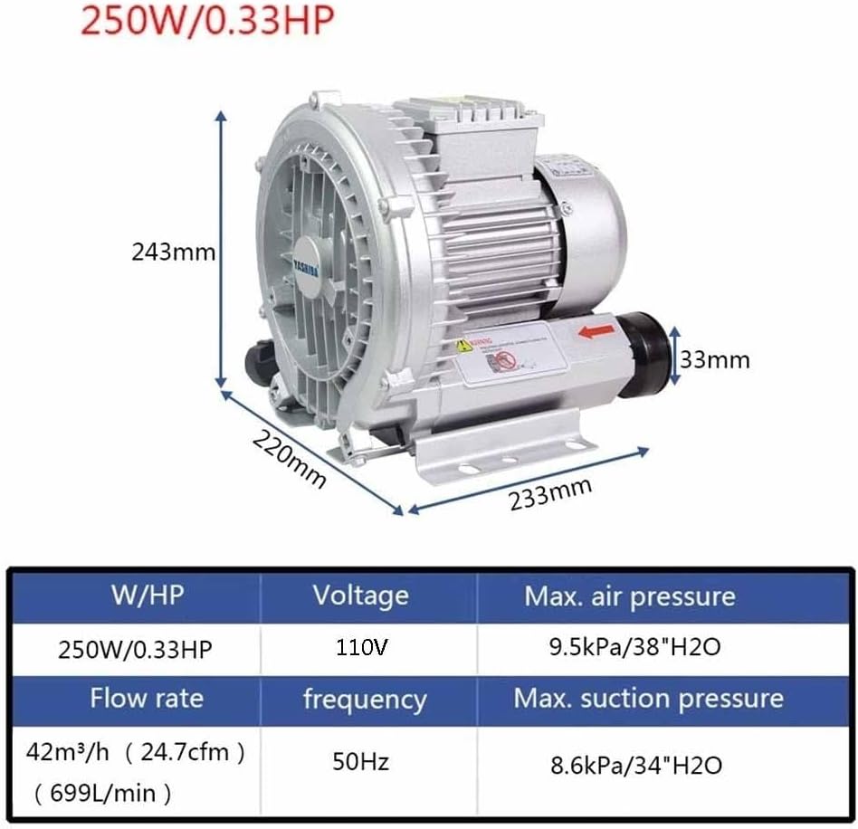 0.16HP to 1.49HP Regenerative Vortex Blower - High-Pressure Dual-Purpose Blower for Industrial Use(250w/0.33hp)