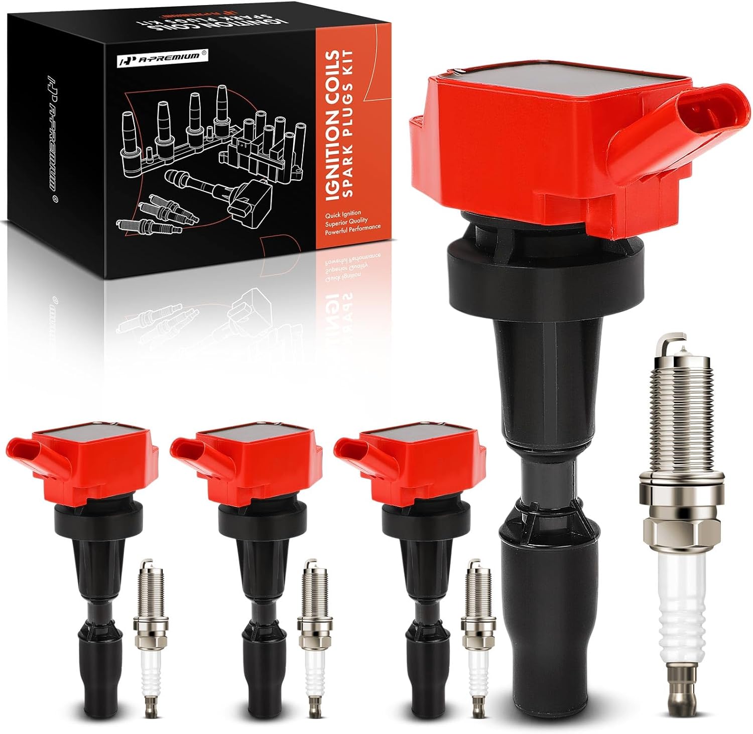 A-Premium (Red) Set of 8 Ignition Coil Pack and Iridium Spark Plugs Compatible with Hyundai Elantra, Elantra GT, Kona, Sonata, Tucson, Veloster & Kia Forte, Forte5, Optima, Seltos, Soul, 1.6L