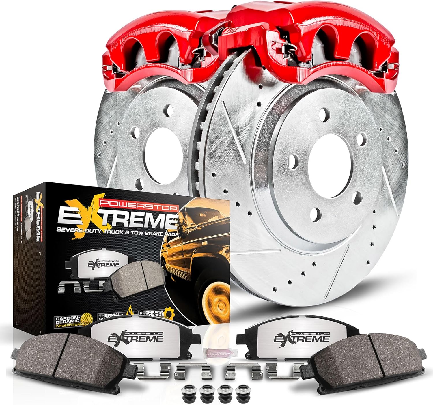 Power Stop KC2069-36 Z36 Truck & Tow Front Caliper Kit with Drilled and Slotted Brake Rotors, Carbon-Fiber Ceramic Brake Pads For Chevy Silverado Tahoe GMC Yukon Sierra Cadillac Escalade
