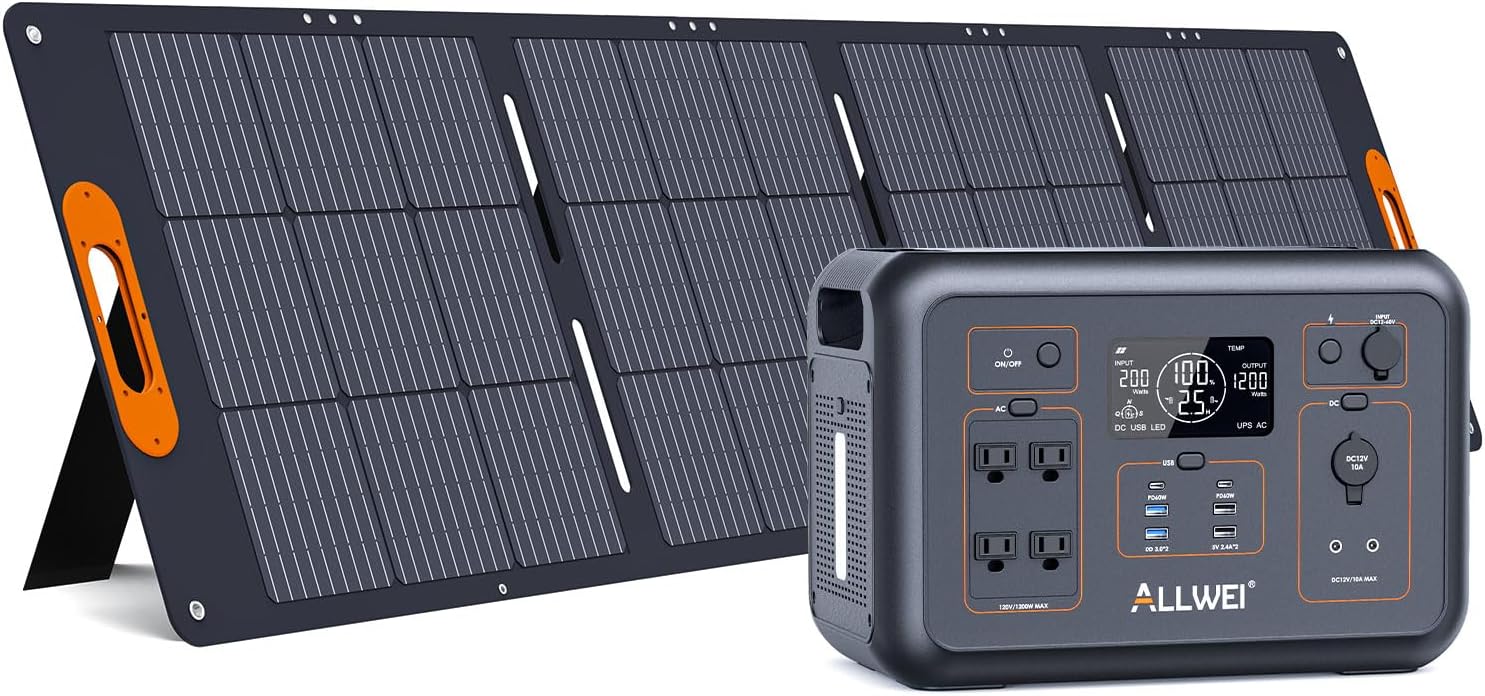 ALLWEI LiFePO4 Solar Generator 1200W(2400W Peak) with 1 * 200W Solar Panel, Fast Charge in 1.5Hrs, 1008Wh Portable Power Station, 4 AC Outlet, UPS Mode, Power Generator for Camping Outdoor Emergency