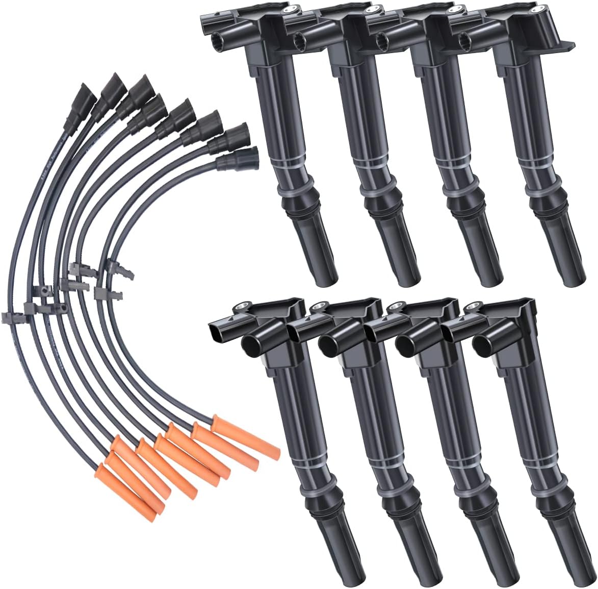 MAS Set of 8 Ignition Coils Pack & Wires Set Compatible with Ford F150 F250 F350 E350 Super Duty Lobo 6.2L V8 Replacement for UF631 UF639 AL3Z-12029-B AL3Z-12029-A (4 Right and 4 Left)