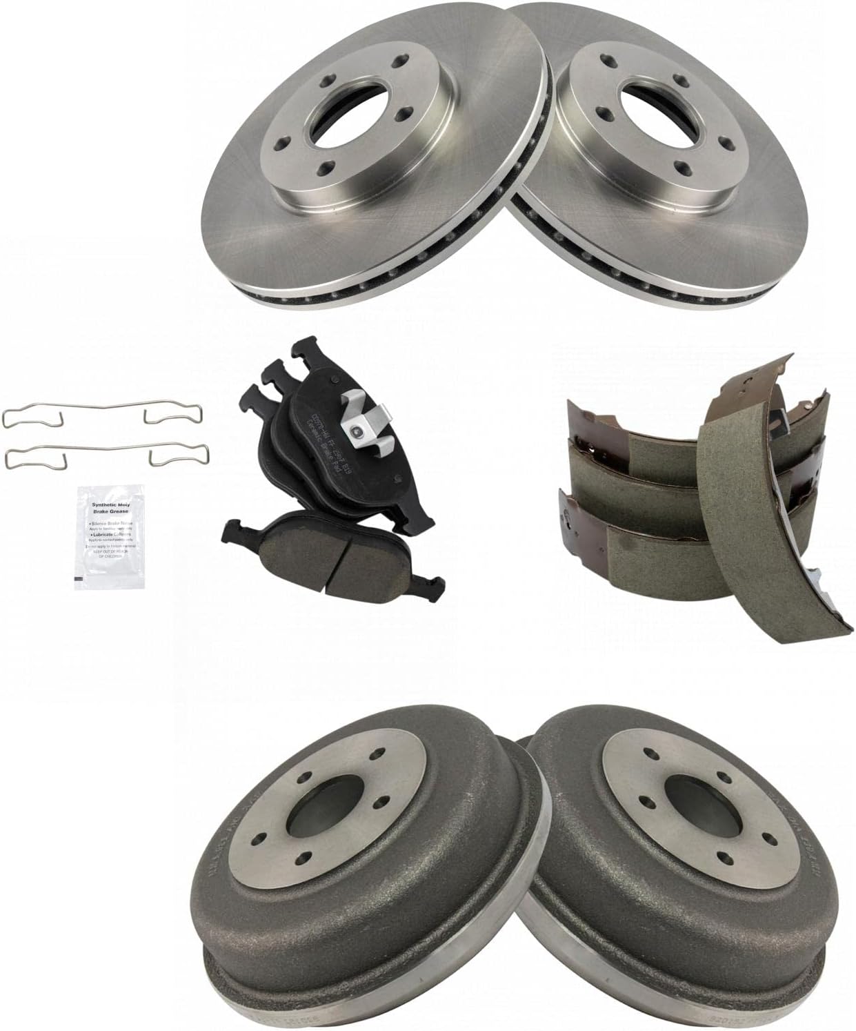 TRQ Front Rear Premium Posi Ceramic Disc Brake Pad Shoe Rotor Drums Compatible with 2010-2013 Ford Transit Connect