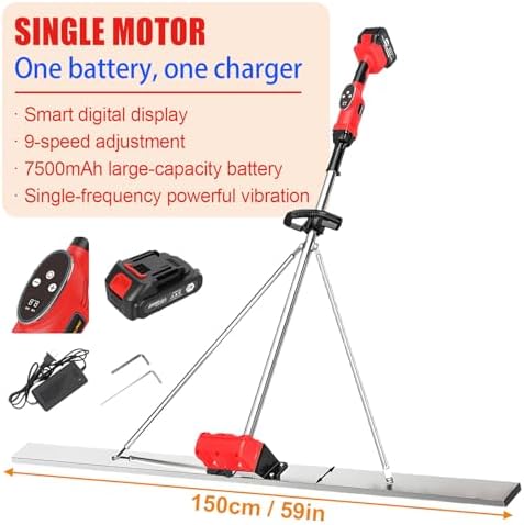 Power Concrete Screed - Cordless Cement Leveler with 5ft Stainless Steel Board, Brushless Motor, 9 Speed Settings (3000-6000 RPM), Dual Motor, 2 Batteries Included