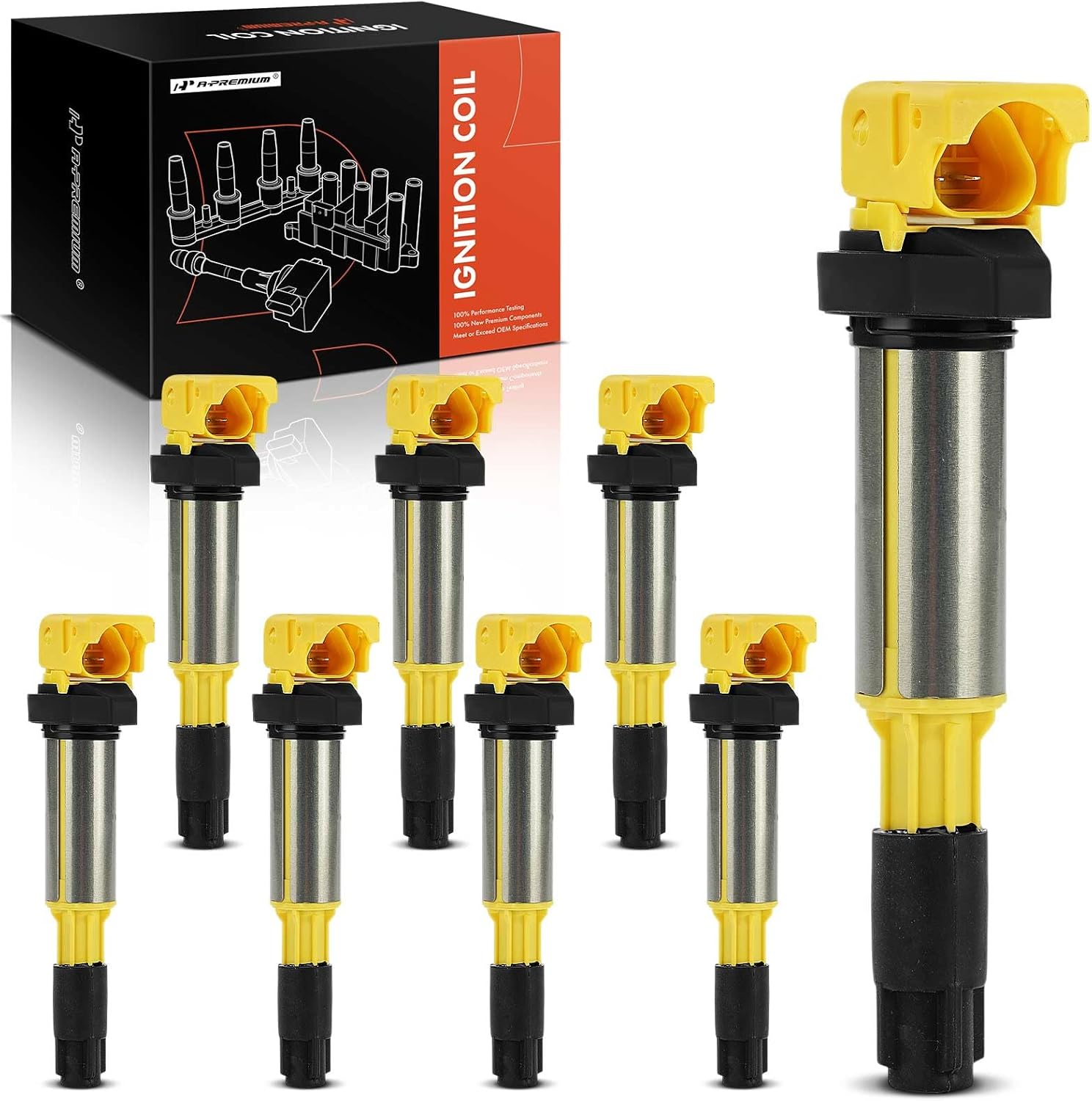 A-Premium (Yellow) Engine Ignition Coil Pack Compatible with BMW X5 2003-2009, 545i 2004-2006, 550i 2006-2009, 745i/745Li 2002-2005, 750i 2006-2008, 750Li, 645Ci, 650i, Alpina B7, Aero 8, 8-PC Set