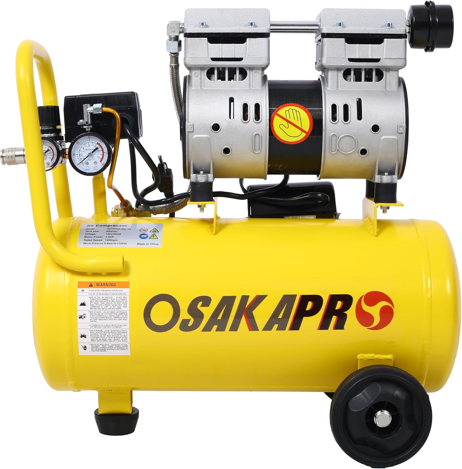 1.5HP Silent Oil-Free Air Compressor, 8 Gallon Portable With Wheels, 70 DBA, Auto Drain(Yellow)