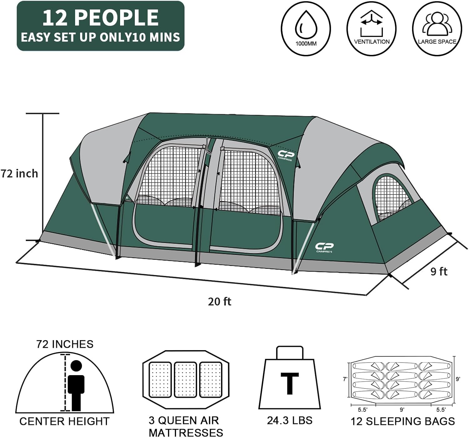 CAMPROS CP Tent 12-Person-Camping-Tents,3 Room Family Tents,Waterproof Windproof Family Tent with Top Rainfly,6 Large Mesh Windows,Double Layer,Easy Set Up, Portable with Carry Bag-20' x 9' x 72