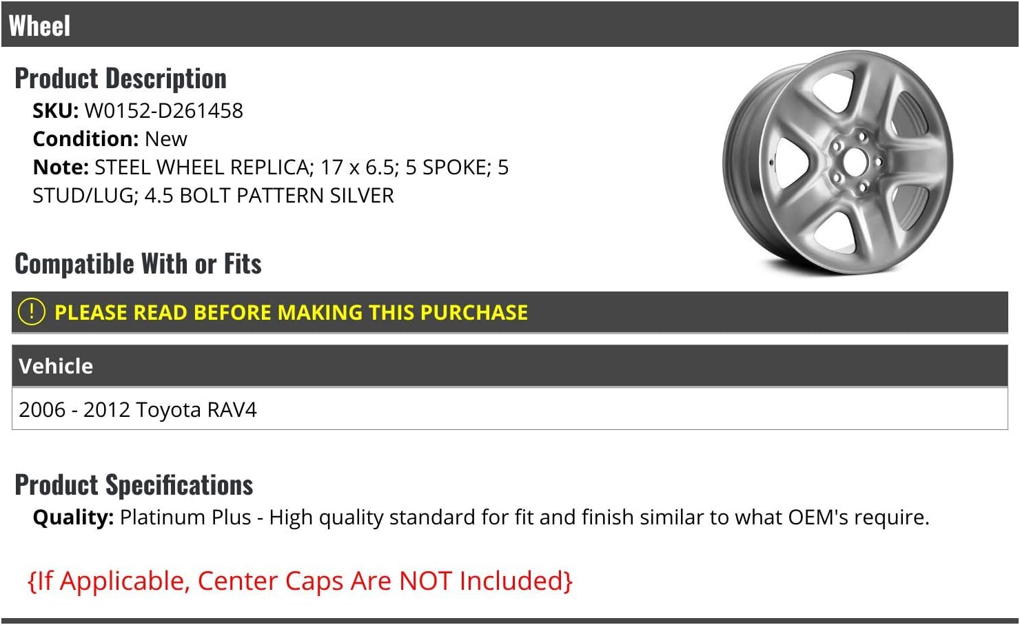 Steel Wheel - Silver - 5 Spoke - 5 Lug - 17 x 6.5 Inch - Compatible with 2006-2012 Toyota RAV4