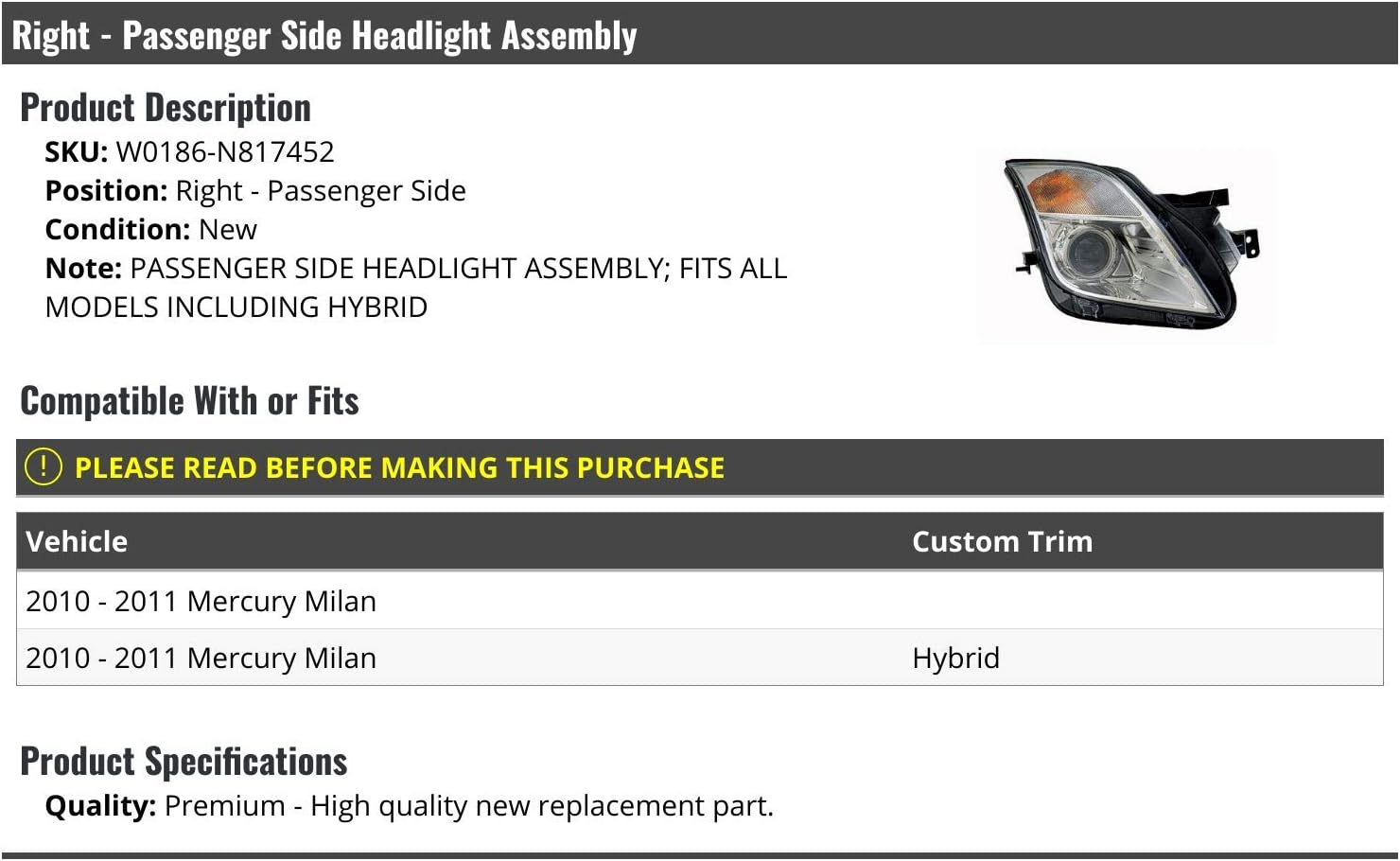 Right Passenger Side Headlight Assembly - Compatible with 2010-2011 Mercury Milan