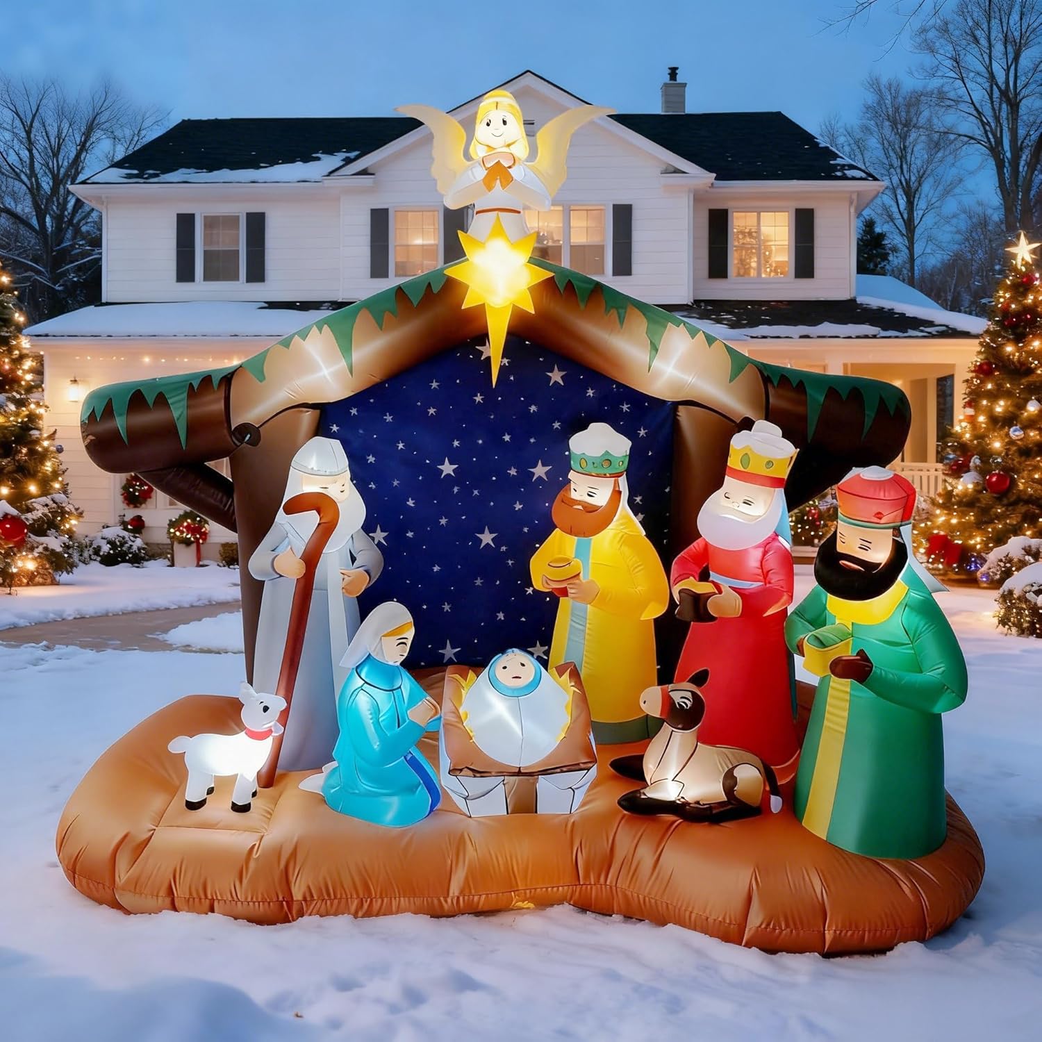 8FT Christmas Inflatables Nativity Scene Outdoor Decorations, Blow Up Yard Decor with Built-in LED Lights, Xmas Outdoor Decorations for Garden Lawn Holiday Decor