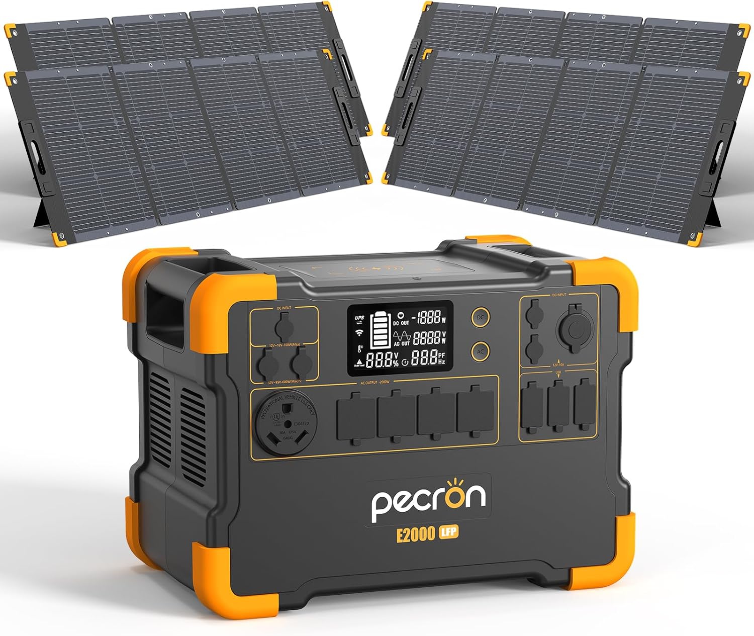 pecron Solar Generator 1920Wh E2000LFP Portable Power Station with 4X200W Solar Panels with 5X120V/2000W AC Outlets LiFePO4 Battery Backup for Outdoors Camping Emergency
