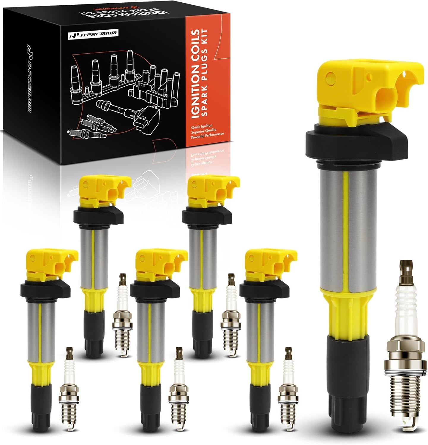 A-Premium Yellow Set of 12 Ignition Coil Pack and Iridium Spark Plugs Compatible with BMW 320i, 325Ci, 325i, 325xi, 330Ci, 330i, 330xi, X5, 525i, 530i, X3, 760i, 760Li, Z4 & Rolls-Royce Phantom