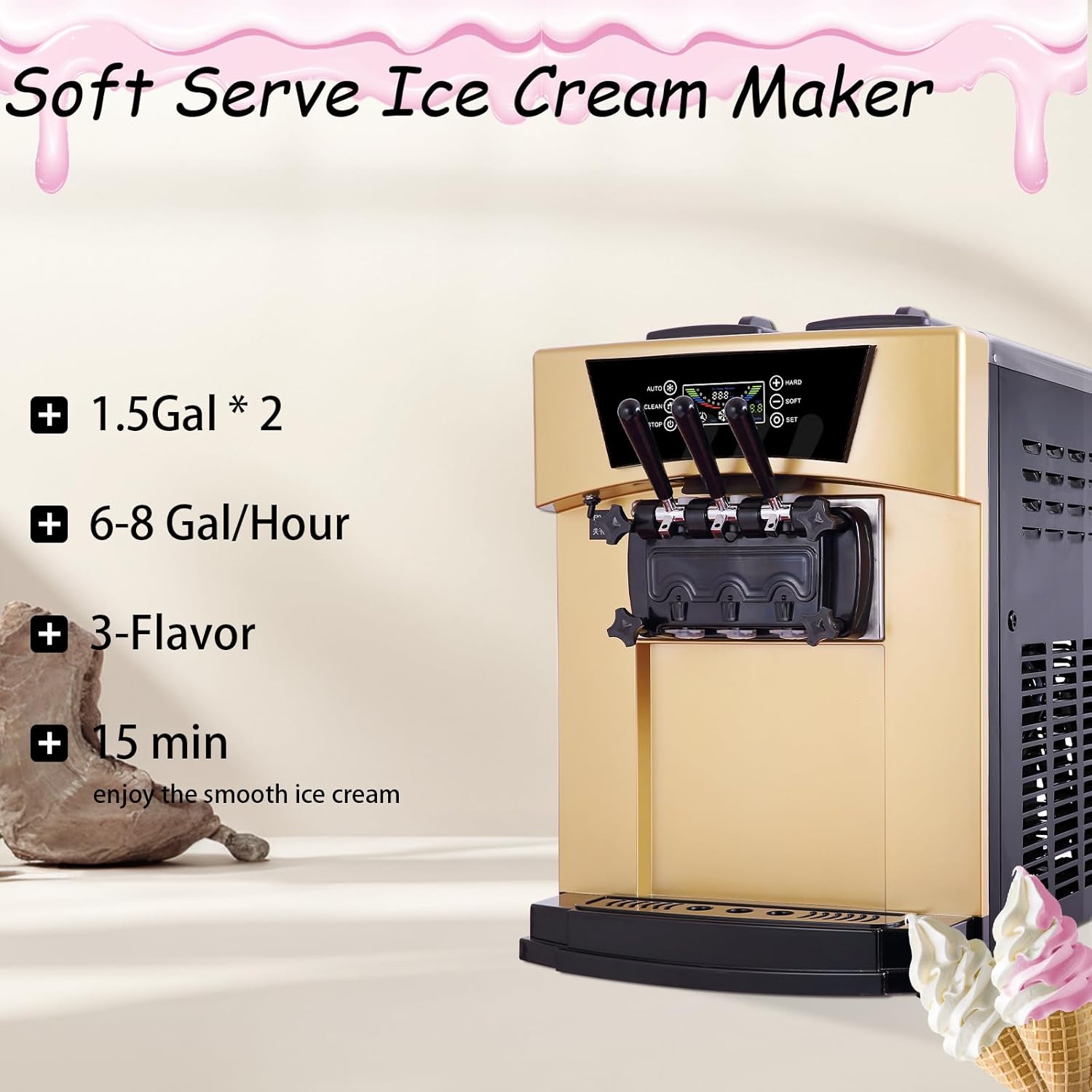 Soft Serve Ice Cream Machine: 2 * 5.5L 3 Flavors Commercial Icecream Maker for Home- 6-8 Gph With Automatic Cleaning Countertop Ice Cream Makers for Stores Stalls Supermarkets Dessert