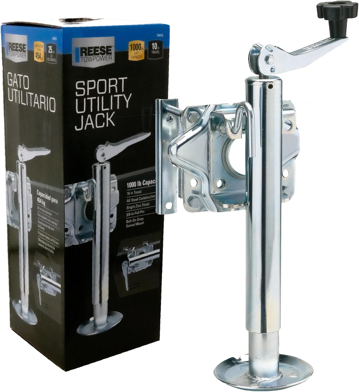 Reese Towpower 74413 Round Trailer Jack, Side Mount, 1,000 lbs. Lift Capacity, Topwind, Bolt-On, 10 Inch Travel