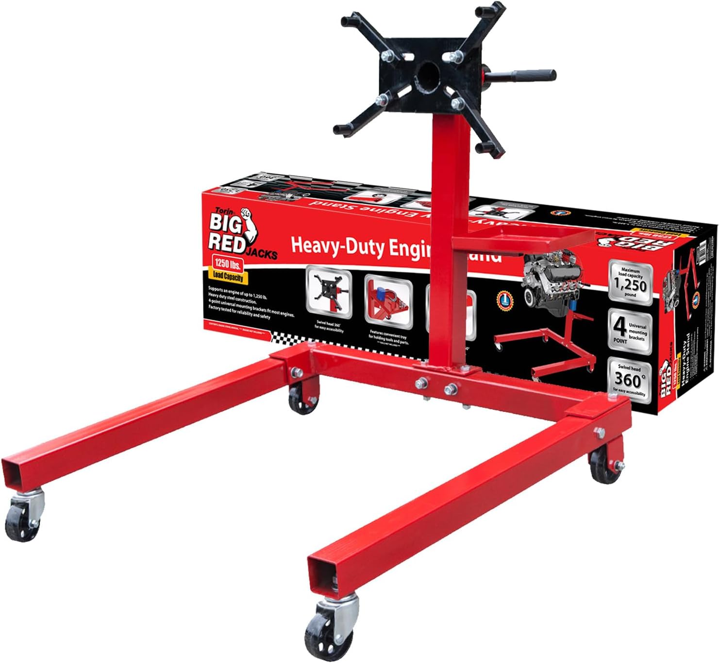 BIG RED T25671-1 Engine Stand,5/8 Ton (1,250 lbs) Capacity,Rotating Engine Motor Stand with 360 Degree Adjustable Head, Extra Tool Storage Tray, 4 Casters and 4 Adjustable Arms,for Auto Repair,Red