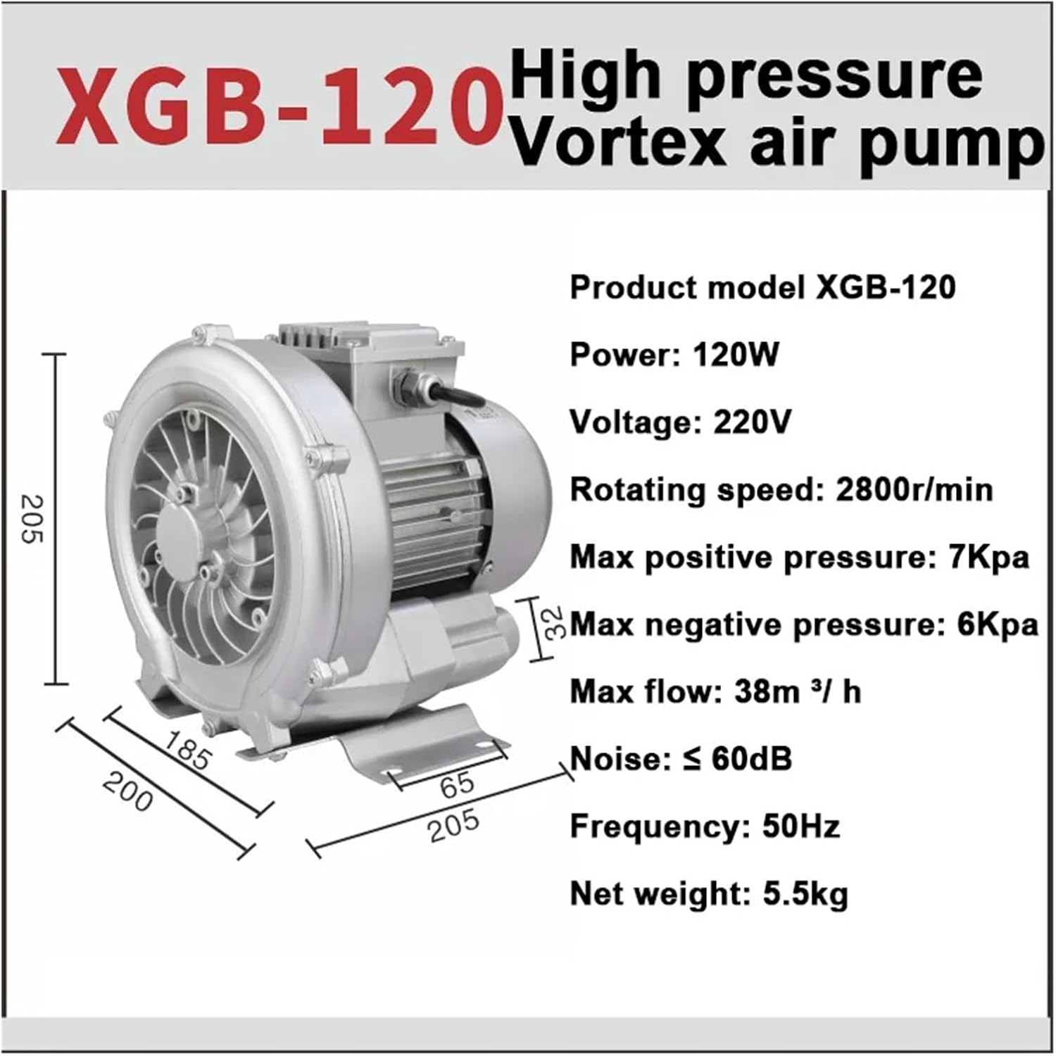 1pc 220V Vortex Blower - High-Pressure Gas Pump for Industrial Use, Fish Pond Aerator, and Dust Removal(120W)