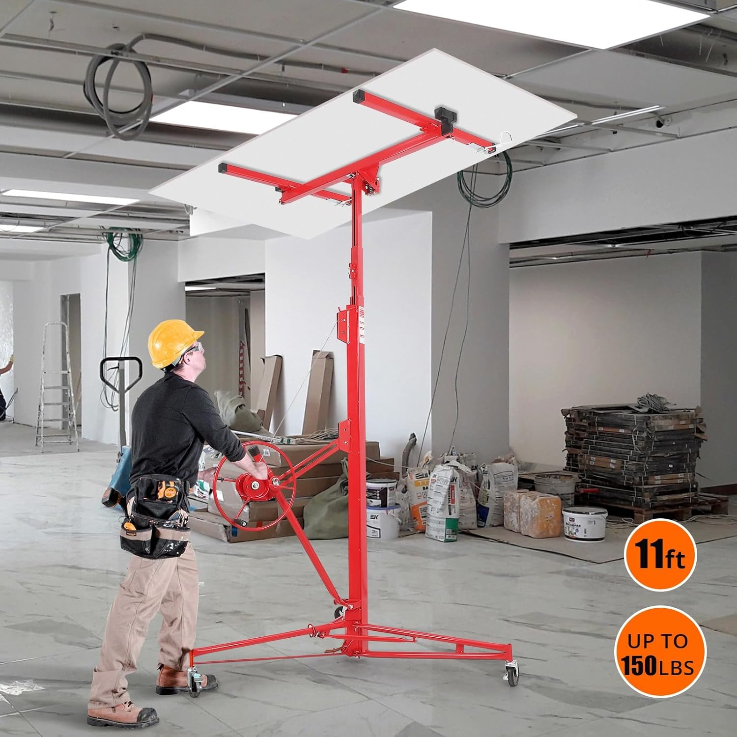 Drywall Lift 11Ft-360°Rotation Drywall Panel Hoist, 150LBS Steel Sheetrock Lift for Drywalls, Dry Wall Jack Lifter with Telescopic Arm & 3 Lockable Wheels