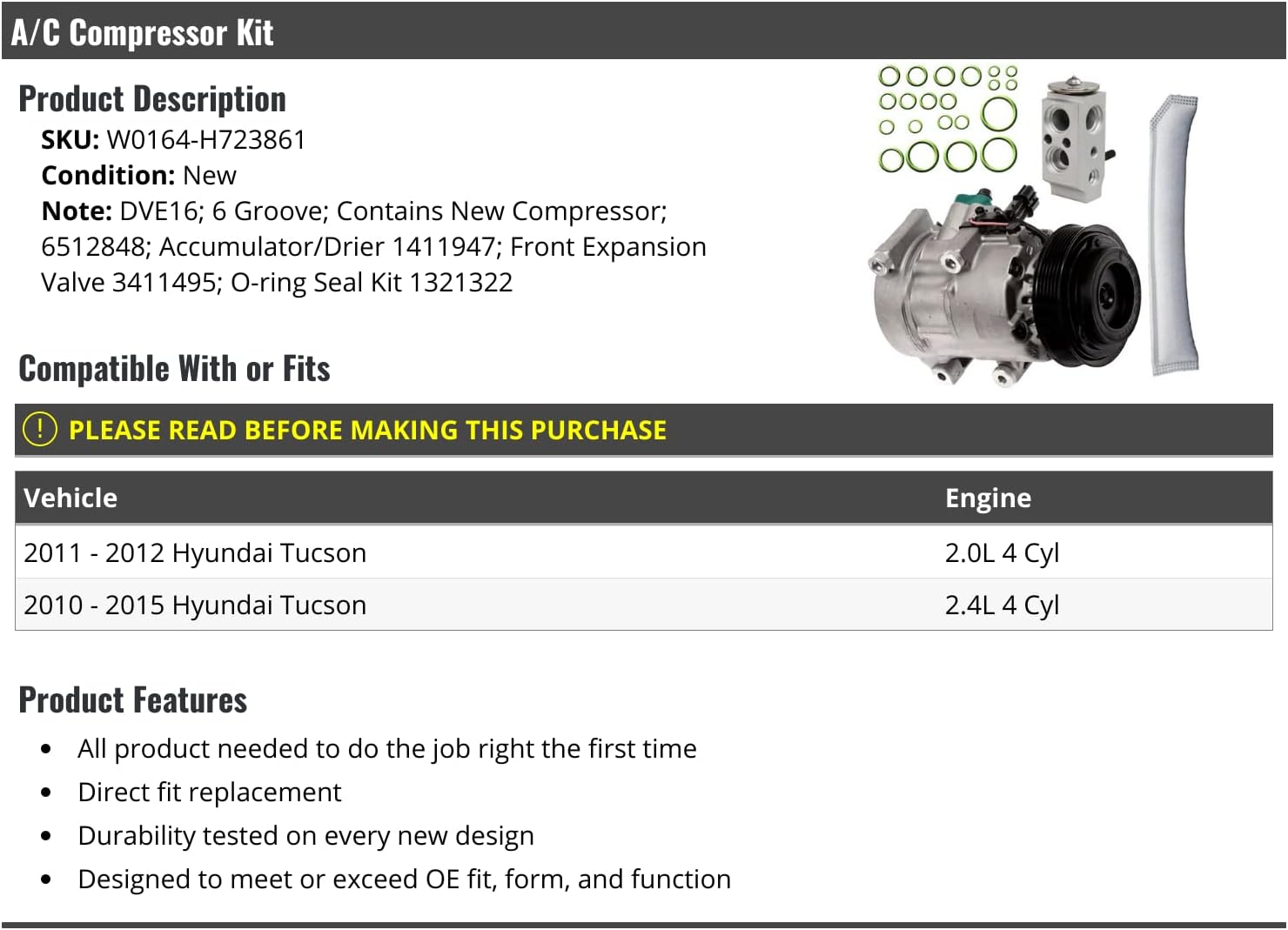 A/C Compressor Kit - DVE16-6 Groove - with Accumulator/Drier, Front Expansion Valve, and O-ring Seal Kit - Compatible with 2010-2015 Hyundai Tucson 2.0L 2.4L 4-Cylinder