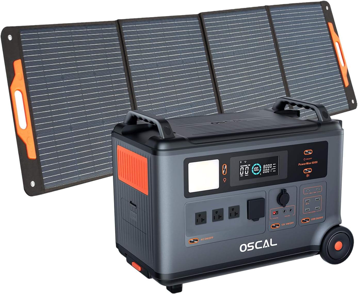 OSCAL PowerMax 6000 Portable Power Station with 200W Solar Panel, 3600Wh LFP Battery Power Station, Expandable to 57.6kWh, 120/240V Split Phase Voltage 6000W AC Outlets (9000W Peak)