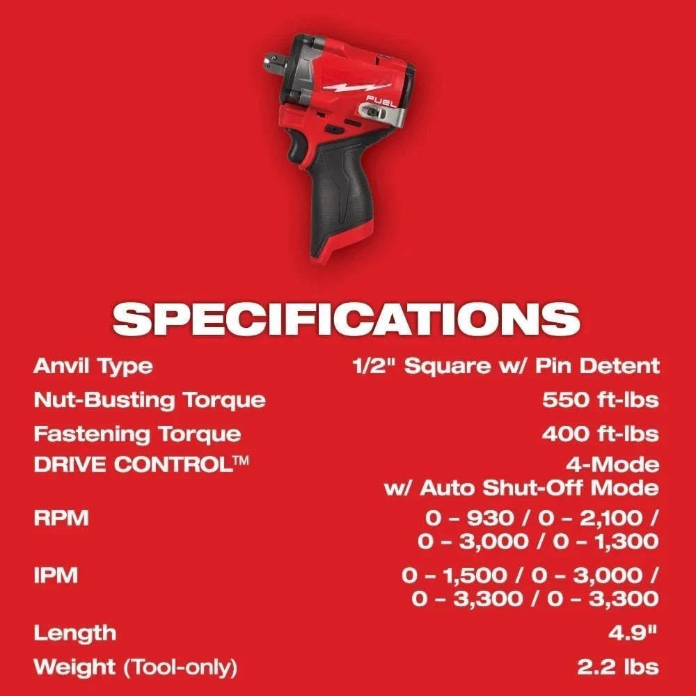 Type:Impact Wrenches Suitable for Milwaukee 2563P-20 M12 FUEL 12V 1/2