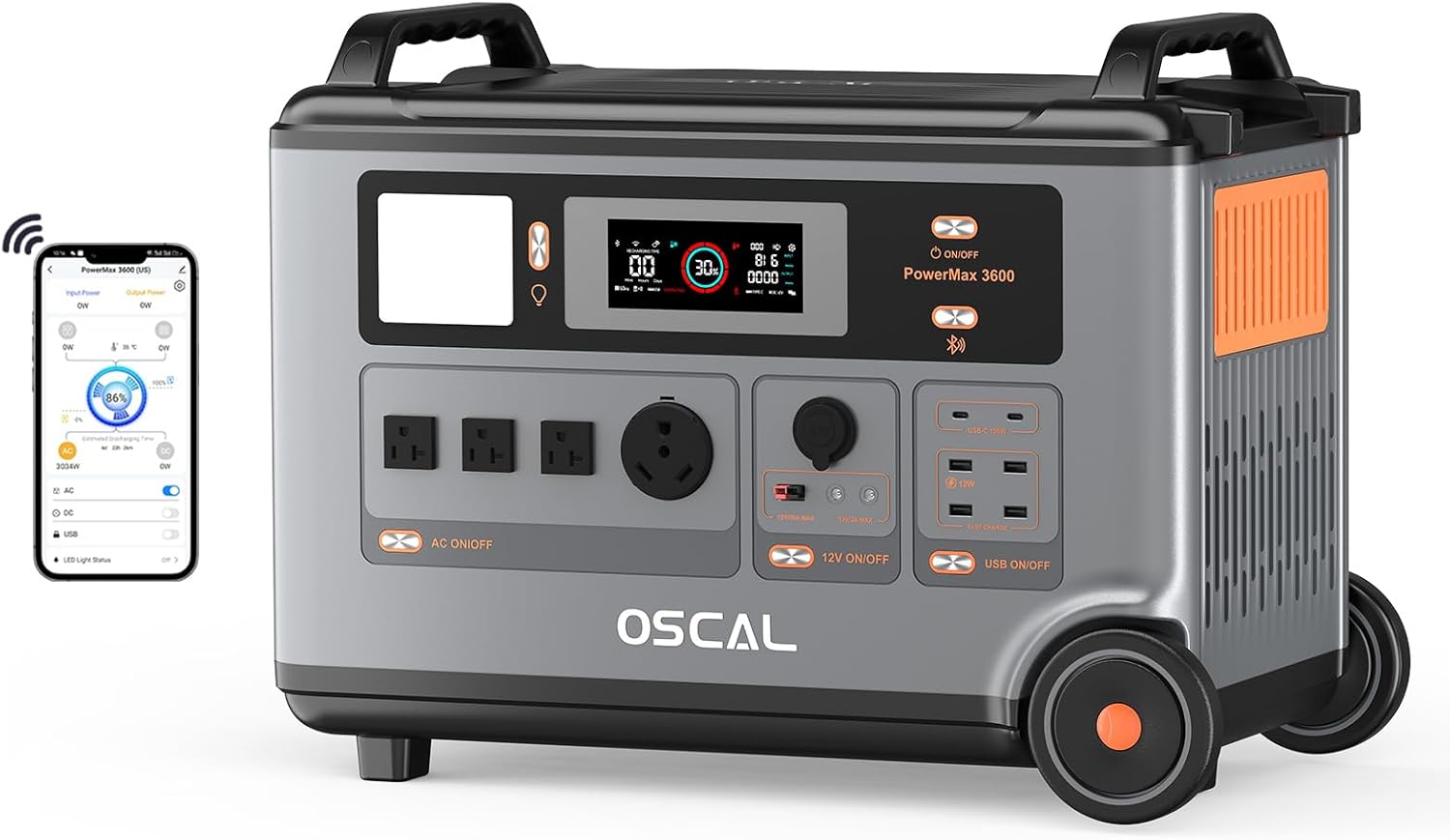 OSCAL 3600Wh Solar Generator PowerMax 3600, Portable Power Station with 4 AC Outlets (6000W Peak), 1.2H Full Charging, APP Control Emergency Power Station for Home, Camping & RVs, Battery Backup