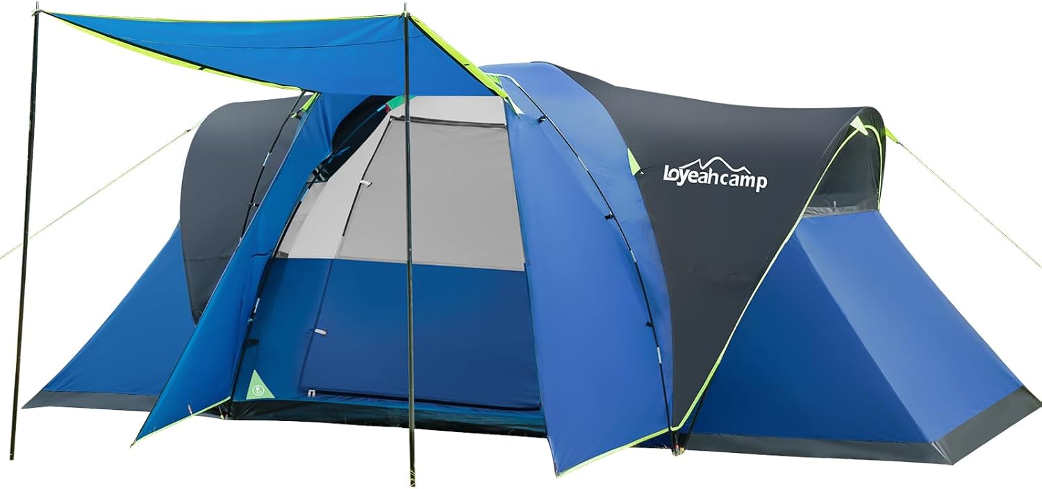 8 Person Larger Extended Dome Camping Tent with 3 Rooms, Waterproof Semi-Freestanding Family Outdoor Tent with Spacious Interior and Mesh Windows