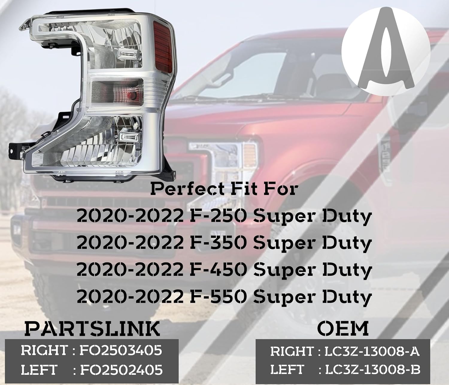 Headlight Assembly Compatible With Ford F-250 F-350 F-450 F-550 Super Duty 2020 2021 2022 Left/Driver Side, Halogen Headlamp,DOT/SAE Compliant,LC3Z13008B,FO2502405