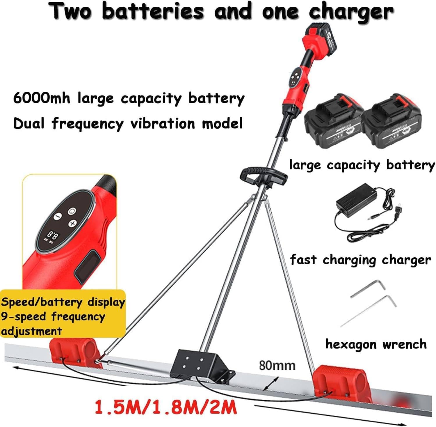 Improved Concrete Screed Vibration Set, Power Screed Concrete Processing Vibration Tool, 1.5 m and 2 Batteries 1battery-1.5m