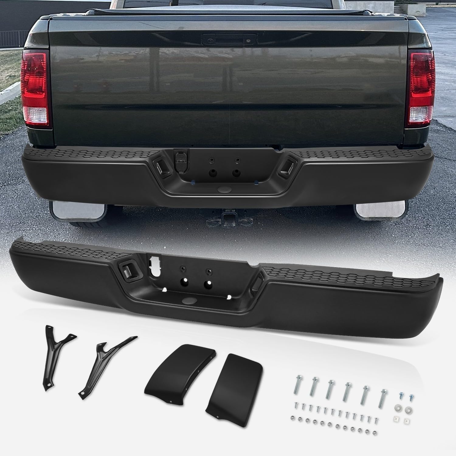 Auto Dynasty Rear Bumper Step Pad Compatible with 2009-2024 Dodge Ram 1500 Classic 2500 3500, Protector Cover w/License Plate Lights, Parking Sensor Holes; w/o Dual Exhaust, CH1103122, Polished Chrome