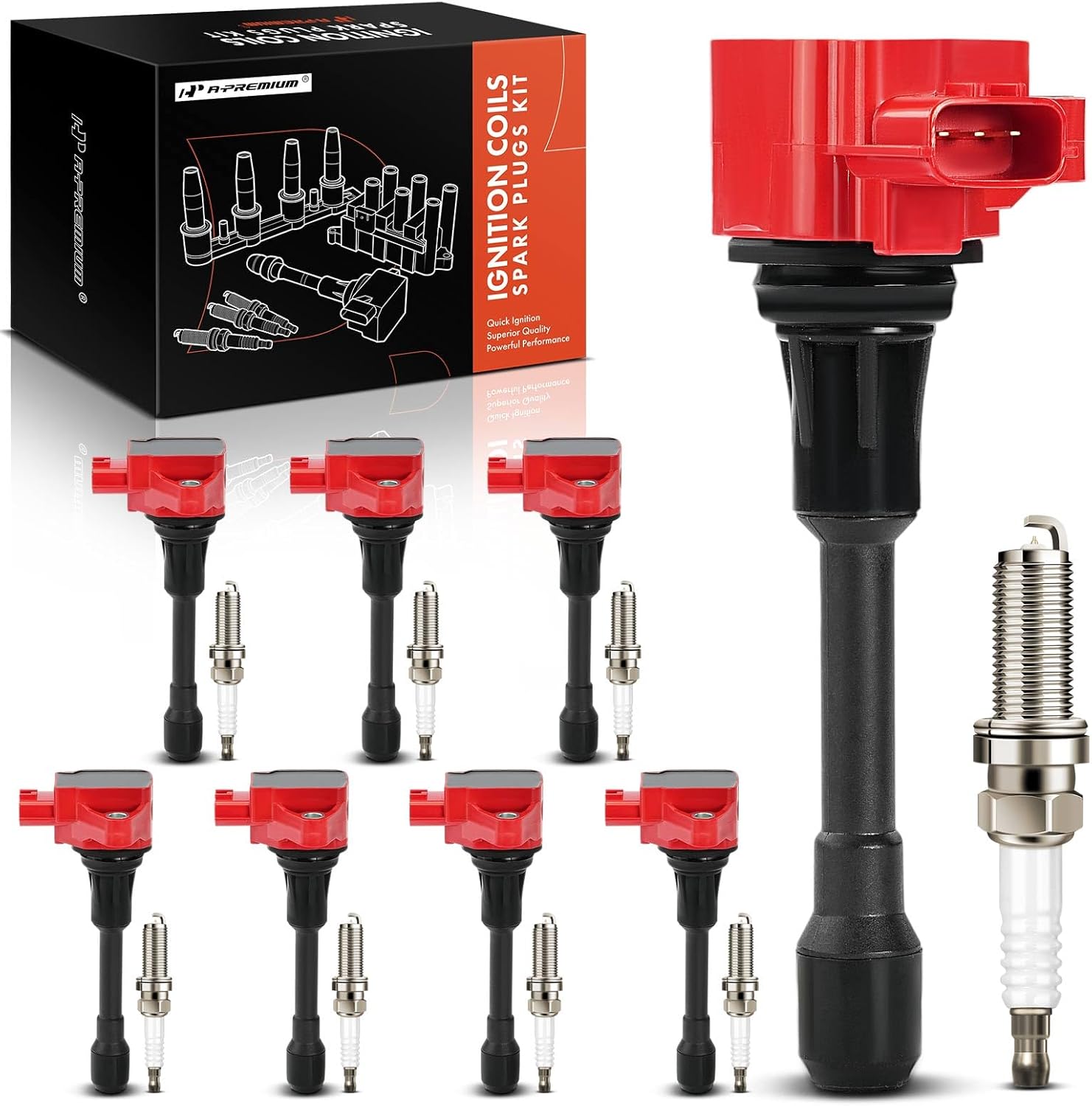 A-Premium (Red) Set of 16 Ignition Coil Pack and Iridium Spark Plugs Compatible with Nissan Armada 2017-2020/2022 & Infiniti QX80 2011-2013, QX56 2014-2023, 5.6L