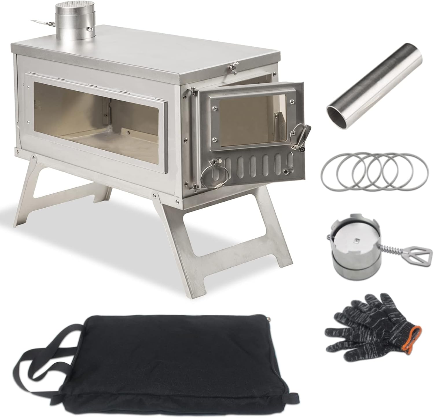 Ultralight Camping Stove Portable Wood Burning Stove for Tent, Camping, Outdoor Cooking, Hunting, Ice Fishing, 16.6 IN Outdoor Wood Stove with 8.2ft Foldable Chimney