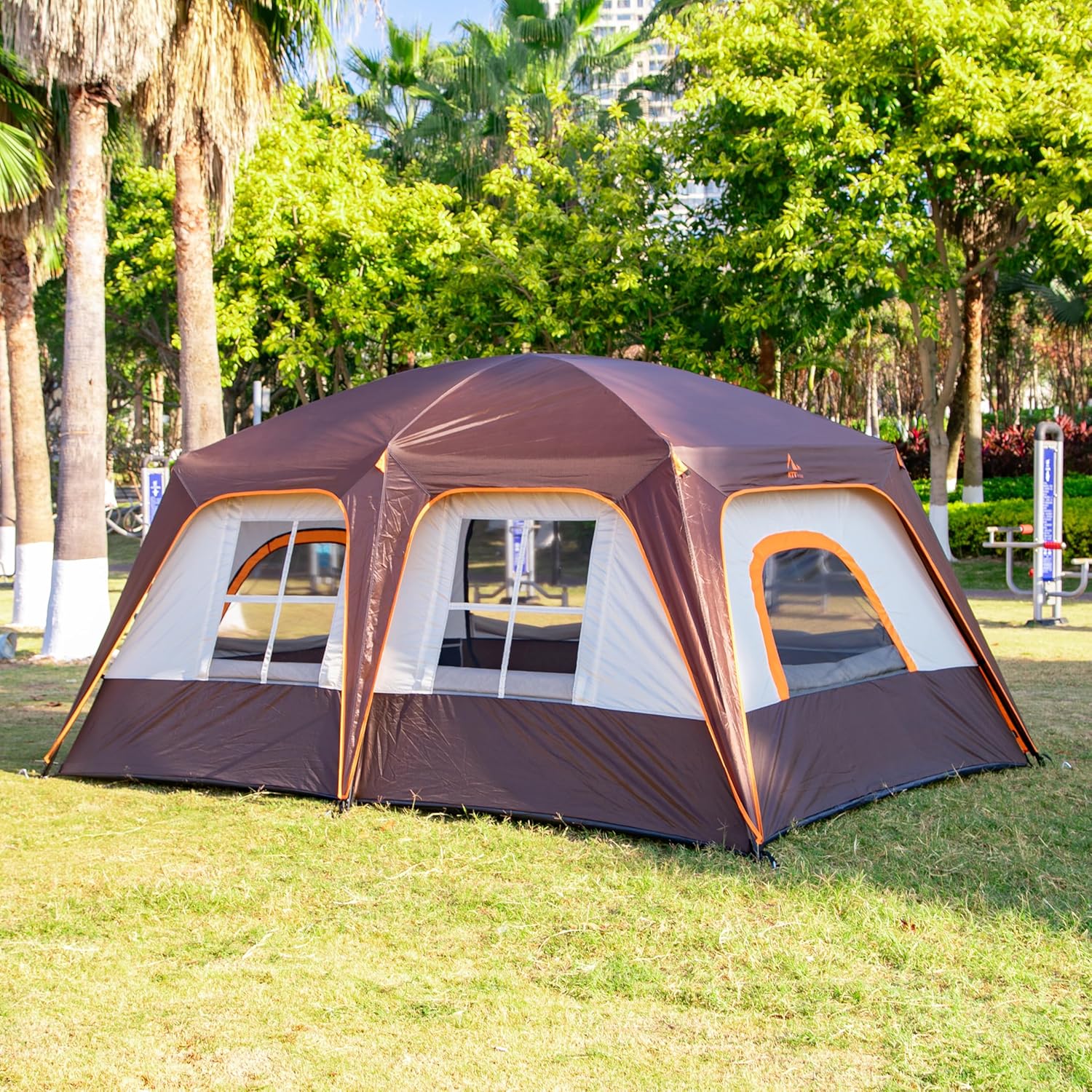 KTT Large Family Cabin Tent 10-12 Person,14.1X10X6.58ft,2 Rooms,3 Storage Pockets,2 Bay-Windows 3 Doors and 3 Windows with Mesh,Straight Wall,Waterproof,Double Layer,Big Tent for Outdoor,Camping