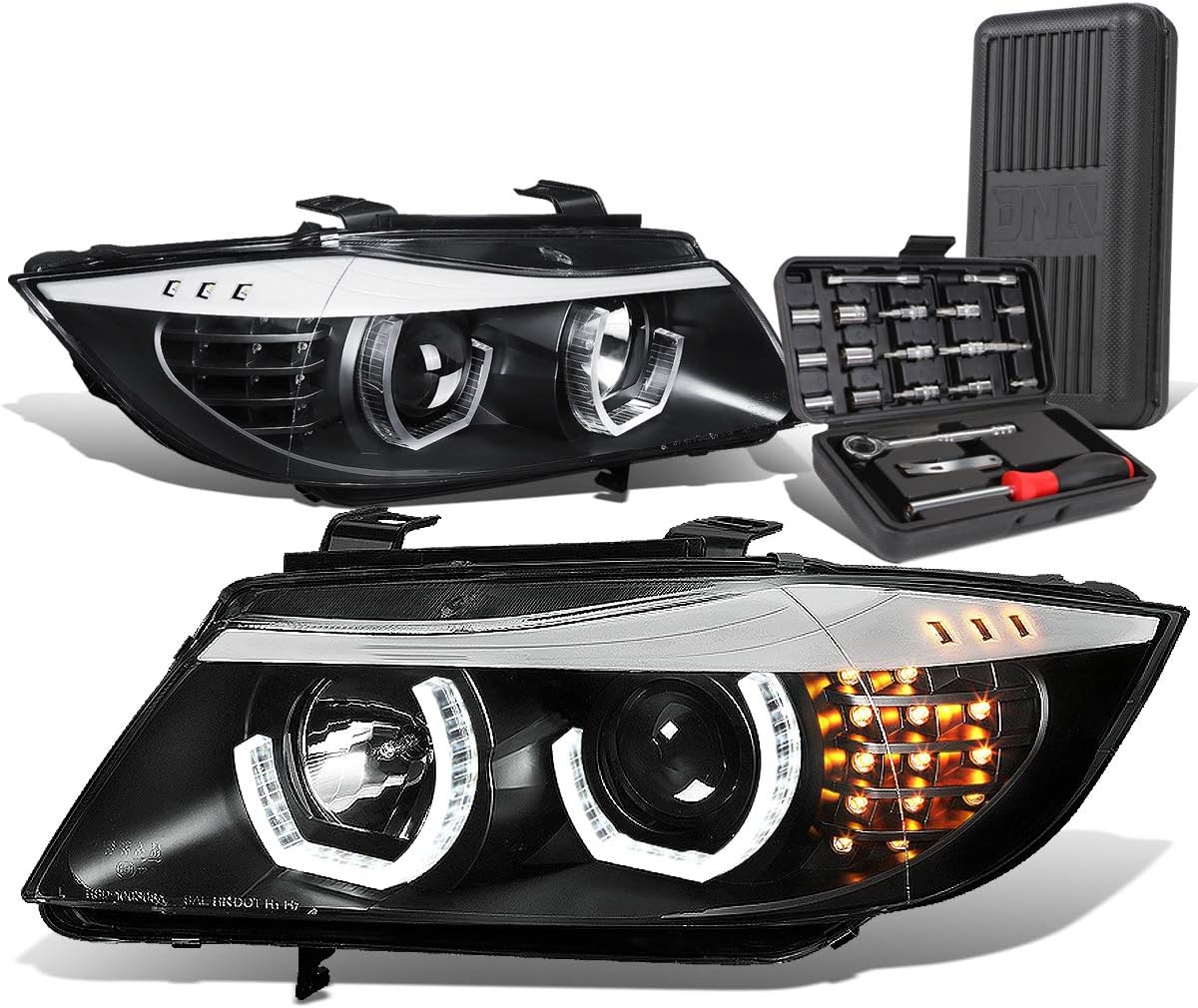 Auto Dynasty [Halogen Model 3D Dual Crystal Halo LED Turn Signal Projector Headlight Lamps Assembly and Tool Kits Compatible with BMW E90 3-Series 09-12, Black Housing Clear Lens