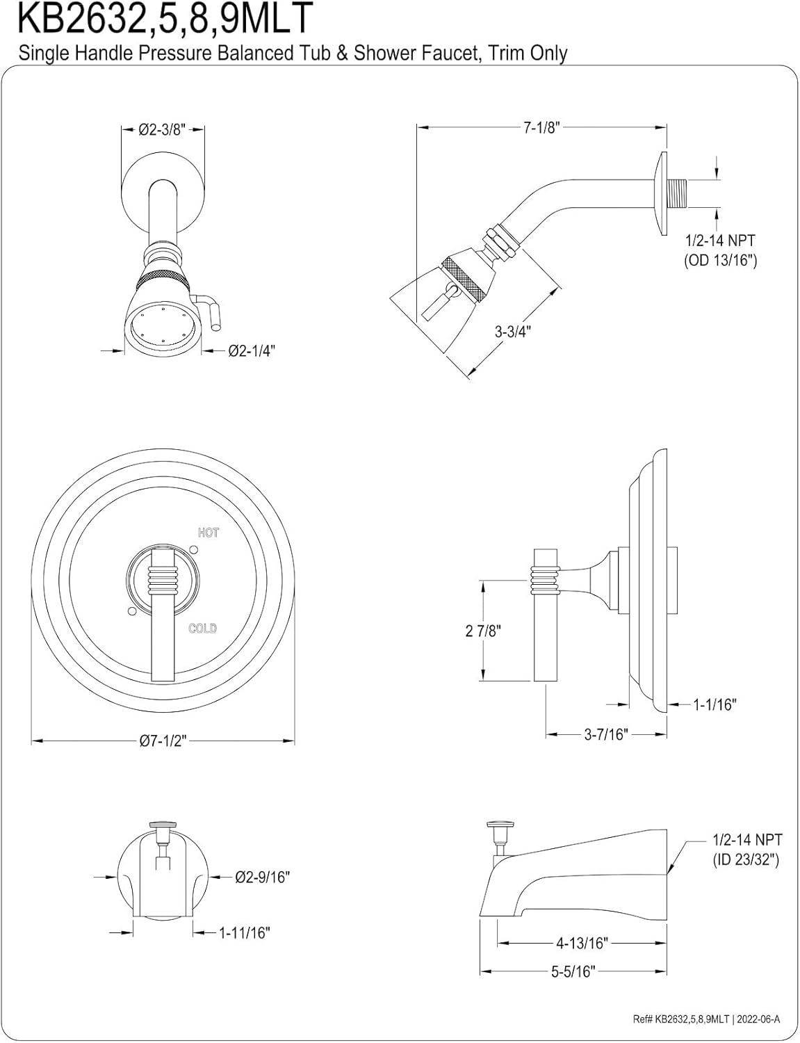Kingston Brass KB2638MLT Milano Tub and Shower Faucet, Trim Only, 7-1/2 inch Diameter Escutcheon, Brushed Nickel