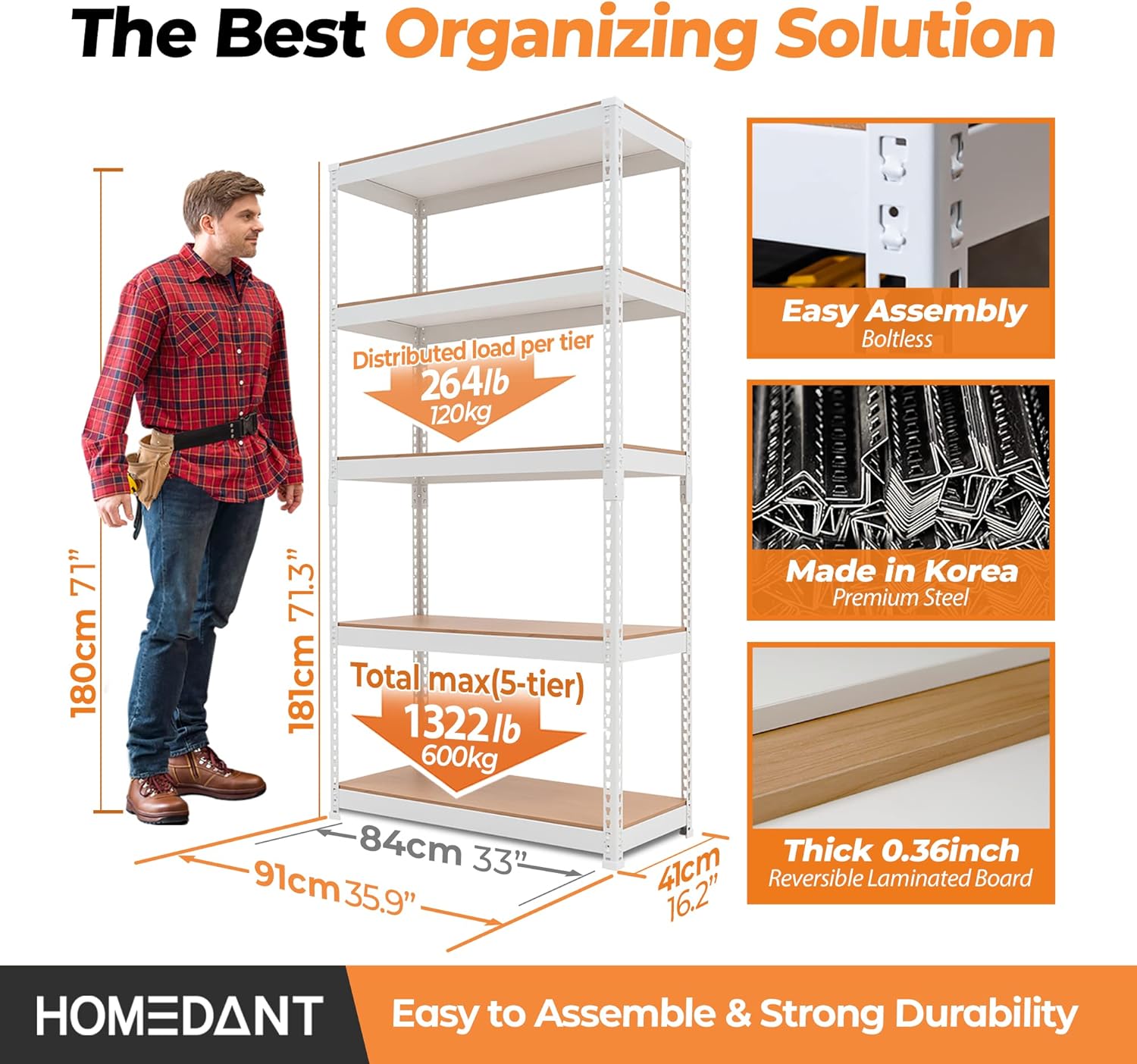 HOMEDANT 5 Tier White Storage Shelves Adjustable Laminated Boltless Garage Metal Shelving Unit Heavy Duty Utility Rack Shelf Warehouse Pantry Closet Kitchen 35.9