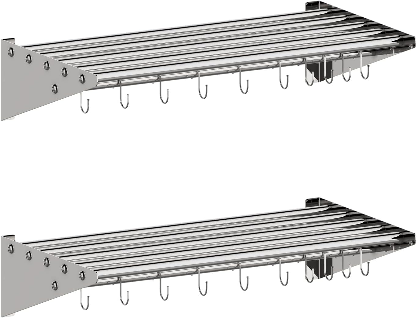 Garvee 2 Pack 12 in x 36 in Stainless Steel Wall Mount Shelf NSF Certified with 6 Hooks Metal Multifunctional Storage Rack with Backplash for Hanging Pots, Pans,cookware in Home and